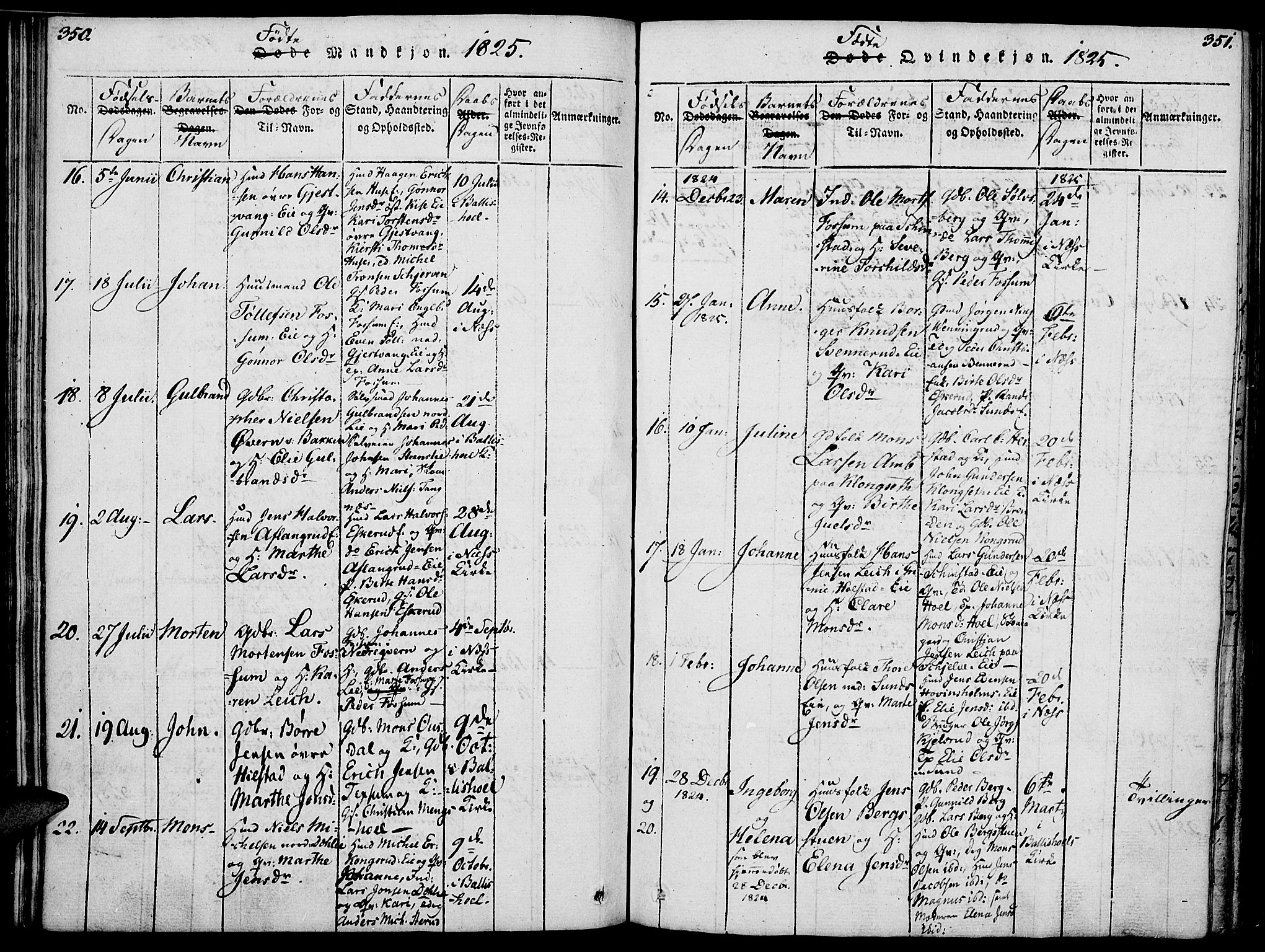 Nes prestekontor, Hedmark, AV/SAH-PREST-020/K/Ka/L0002: Parish register (official) no. 2, 1813-1827, p. 350-351