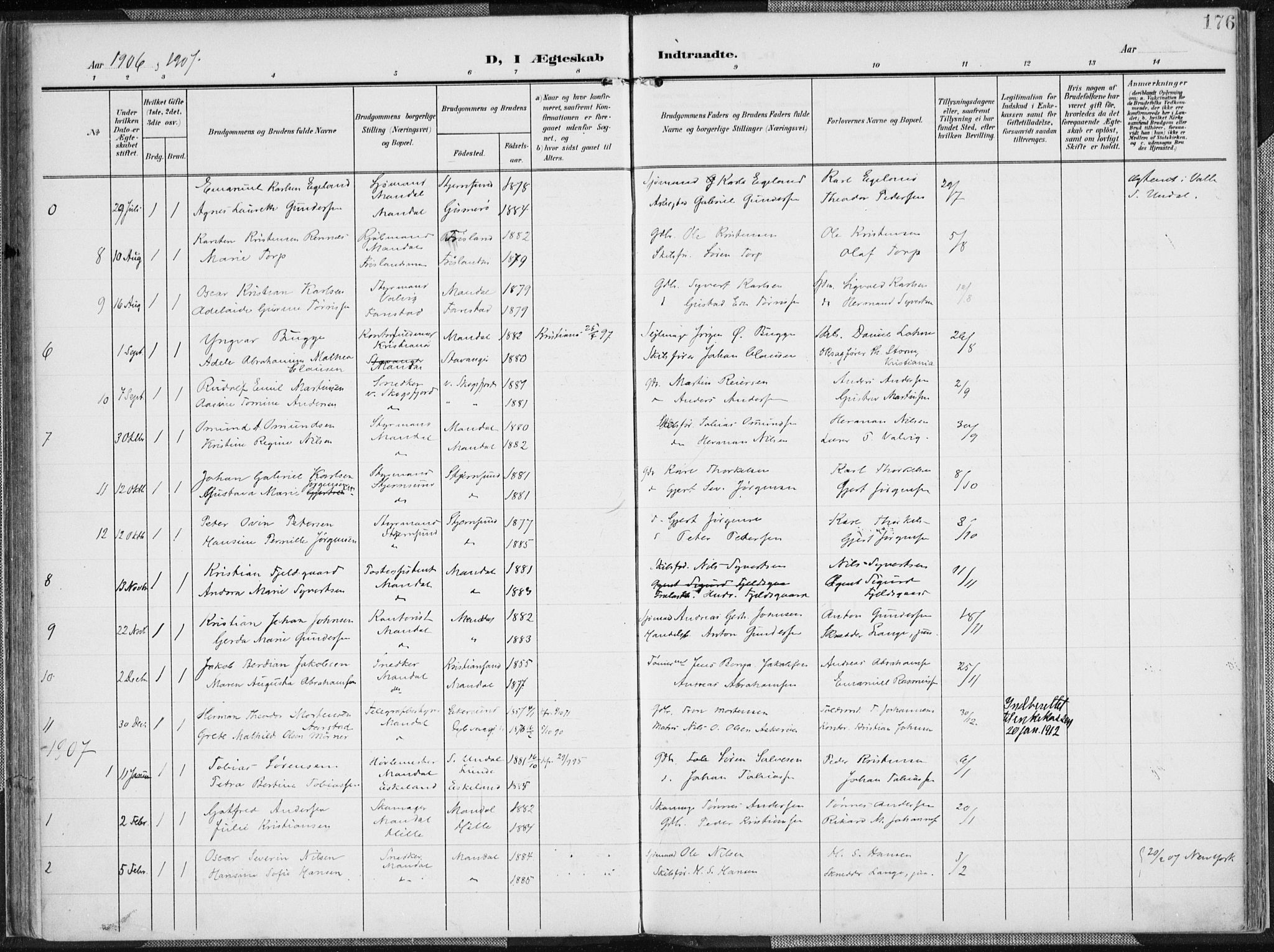 Mandal sokneprestkontor, SAK/1111-0030/F/Fa/Faa/L0020: Parish register (official) no. A 20, 1906-1912, p. 176