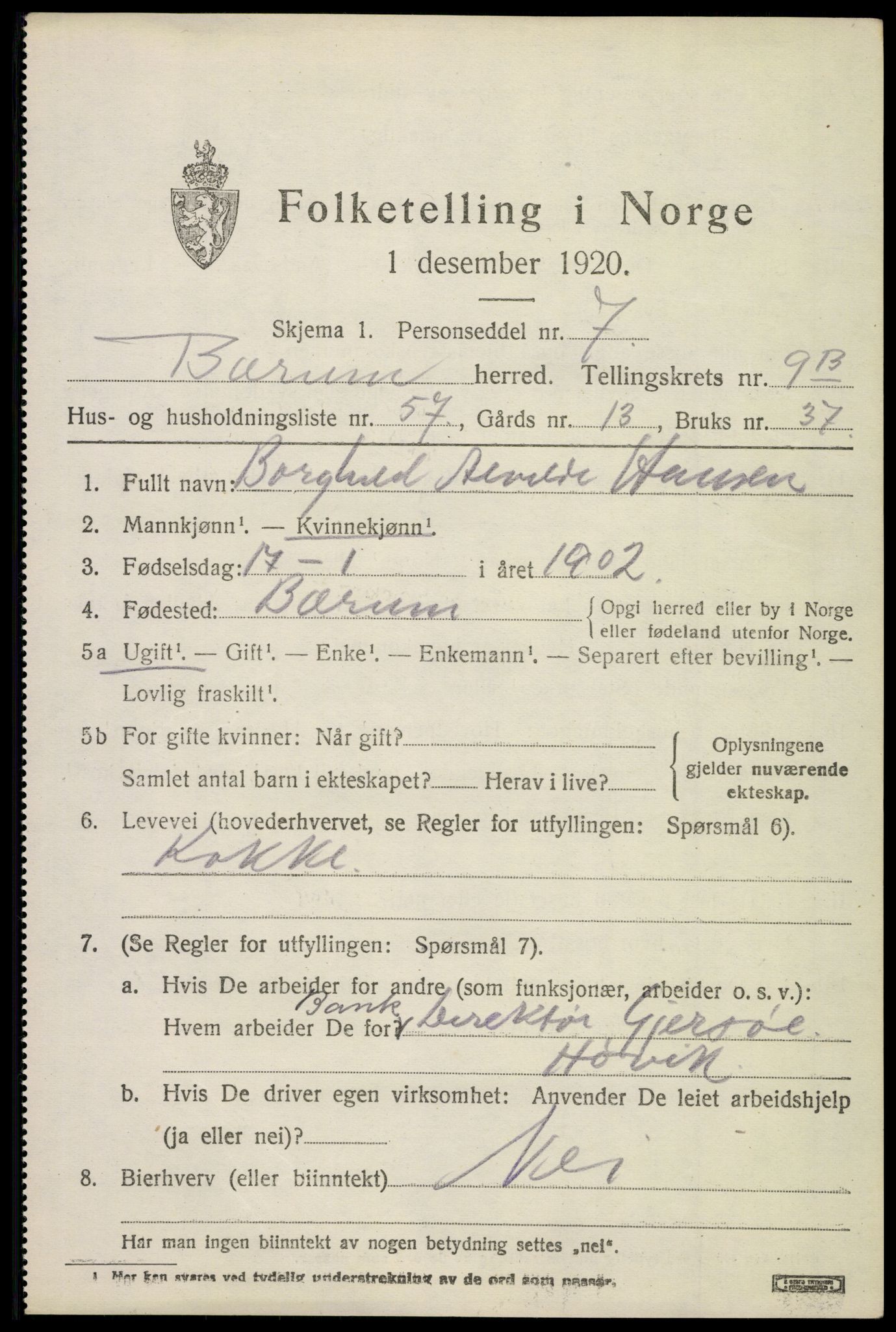 SAO, 1920 census for Bærum, 1920, p. 21396