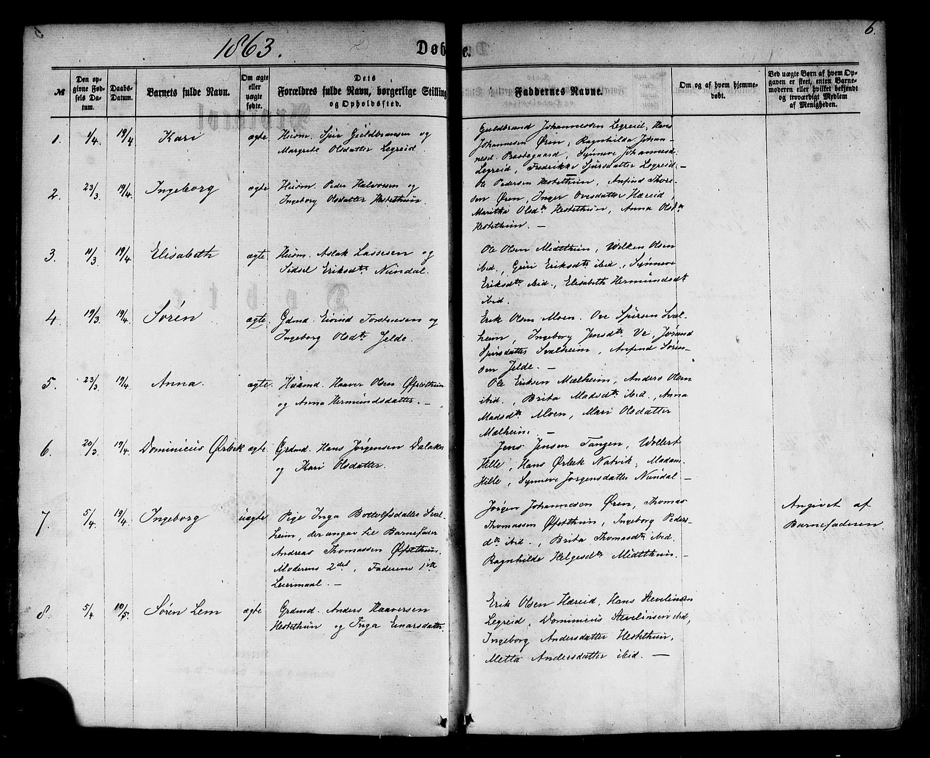 Årdal sokneprestembete, SAB/A-81701: Parish register (official) no. A 3, 1863-1886, p. 6