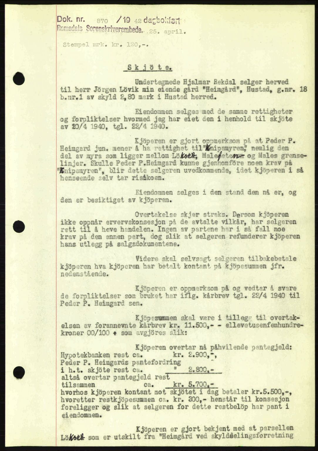 Romsdal sorenskriveri, AV/SAT-A-4149/1/2/2C: Mortgage book no. A12, 1942-1942, Diary no: : 870/1942