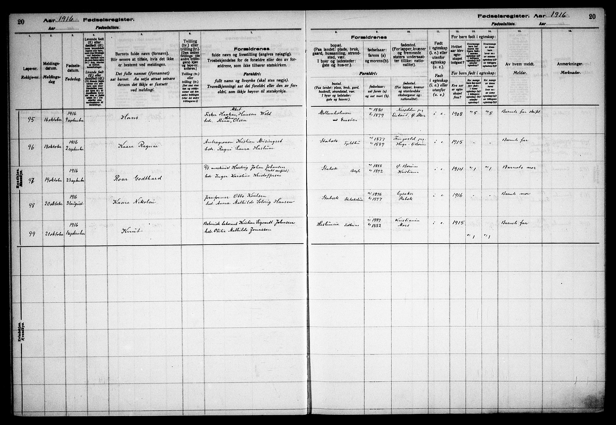 Østre Bærum prestekontor Kirkebøker, AV/SAO-A-10887/J/Ja/L0001: Birth register no. 1, 1916-1922, p. 20