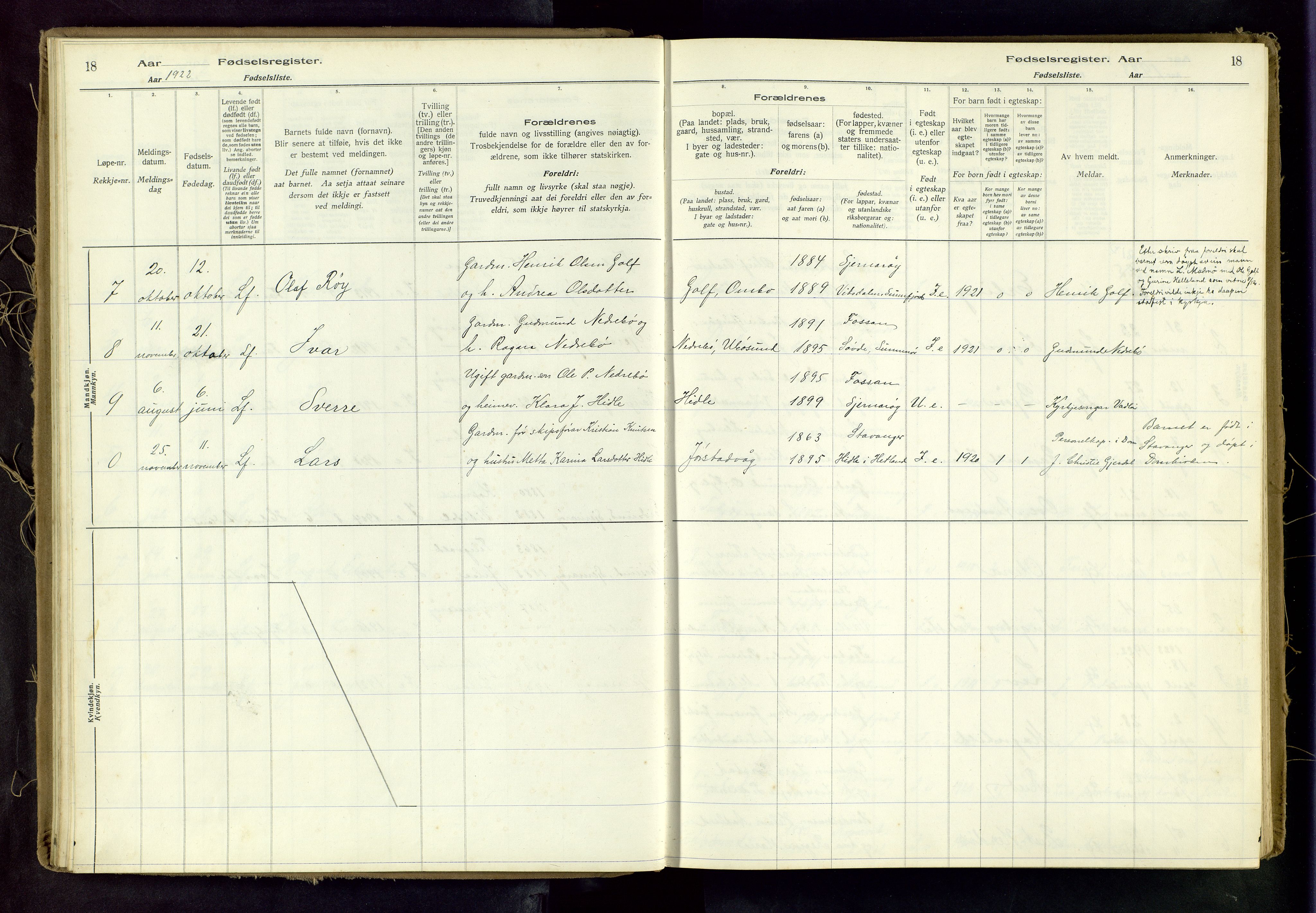 Nedstrand sokneprestkontor, AV/SAST-A-101841/03/A/L0001: Birth register no. 1, 1916-1982, p. 18