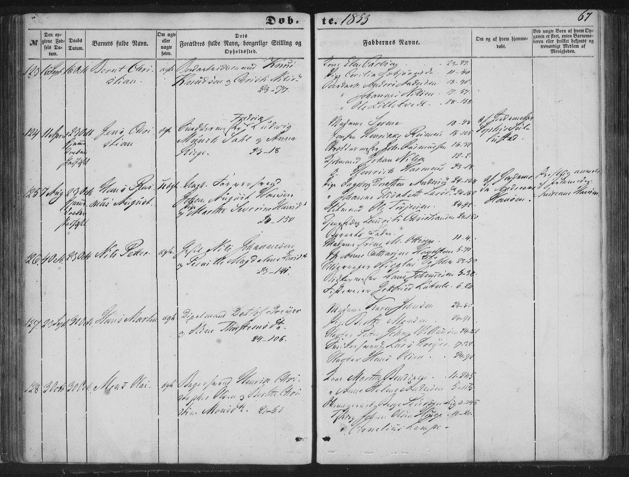 Korskirken sokneprestembete, AV/SAB-A-76101/H/Haa/L0017: Parish register (official) no. B 3, 1851-1857, p. 67