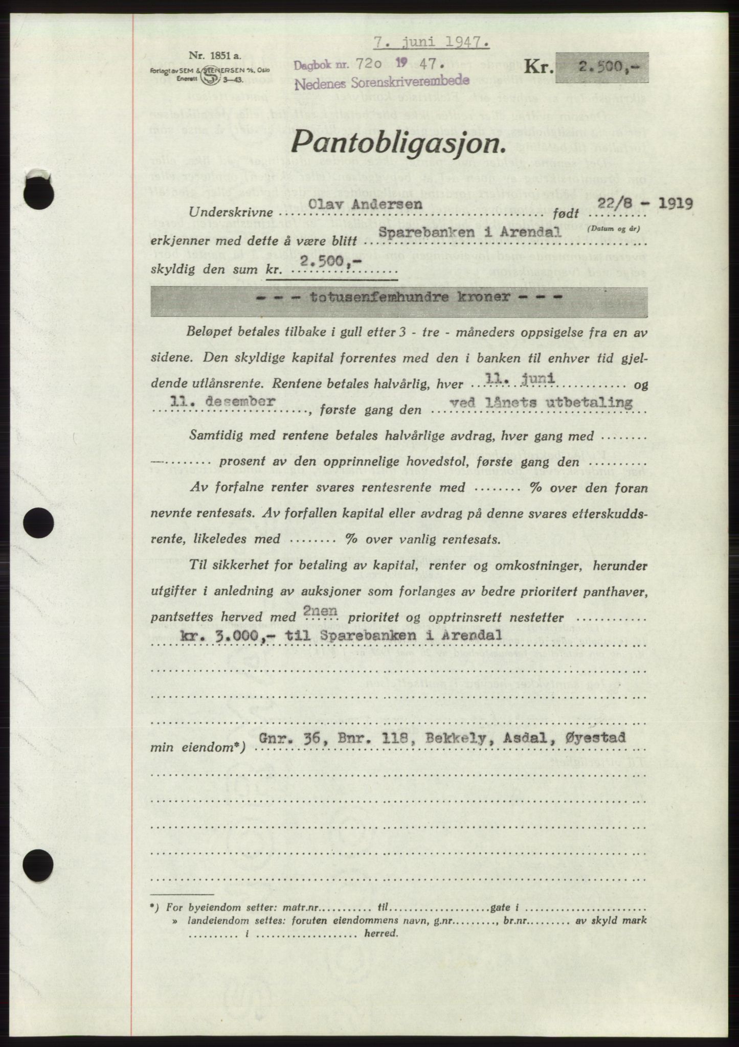 Nedenes sorenskriveri, AV/SAK-1221-0006/G/Gb/Gbb/L0004: Mortgage book no. B4, 1947-1947, Diary no: : 720/1947