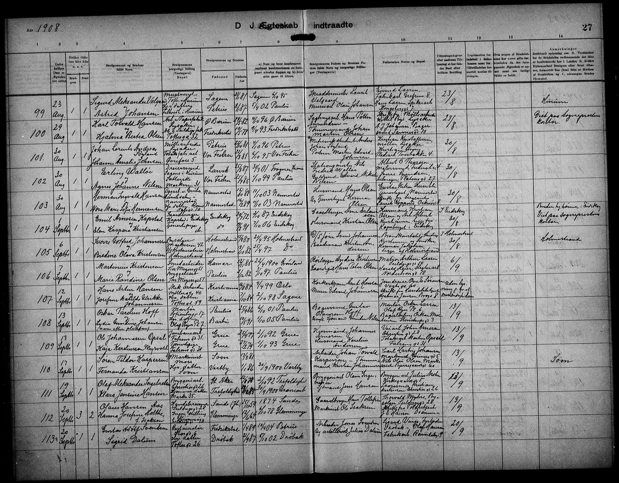 Paulus prestekontor Kirkebøker, AV/SAO-A-10871/F/Fa/L0017: Parish register (official) no. 17, 1906-1917, p. 27