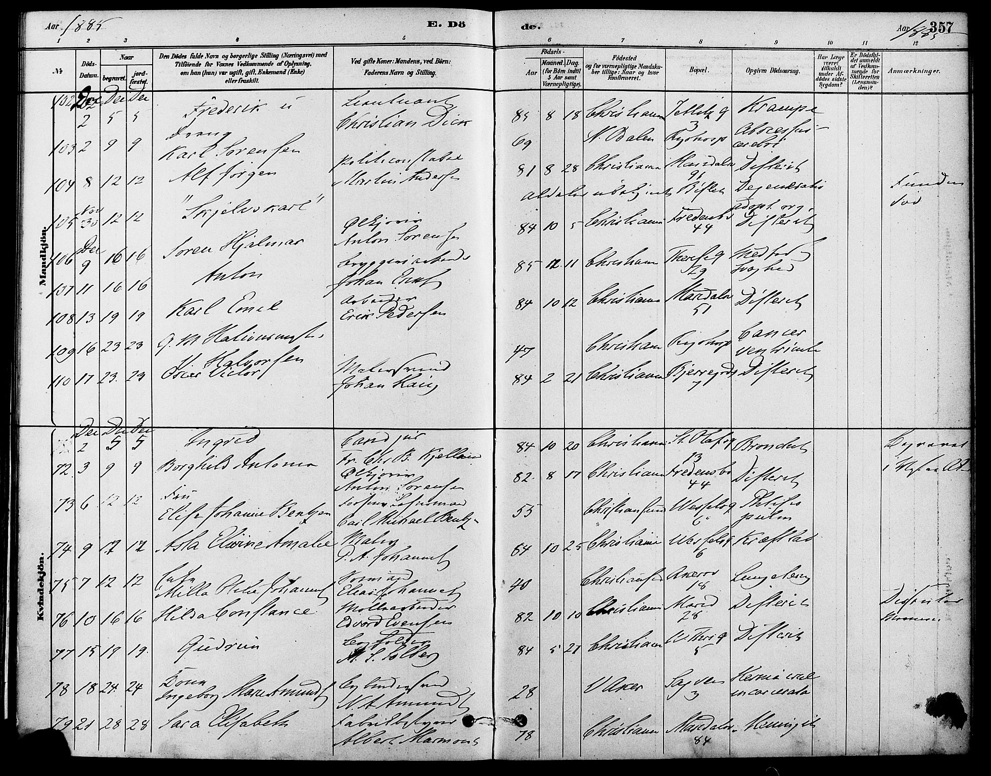 Gamle Aker prestekontor Kirkebøker, SAO/A-10617a/F/L0006: Parish register (official) no. 6, 1880-1887, p. 357