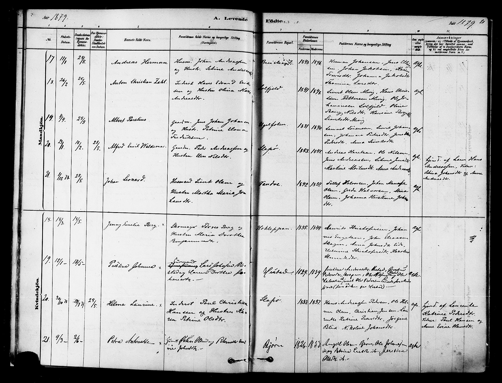 Ministerialprotokoller, klokkerbøker og fødselsregistre - Nordland, SAT/A-1459/834/L0507: Parish register (official) no. 834A05, 1878-1892, p. 21
