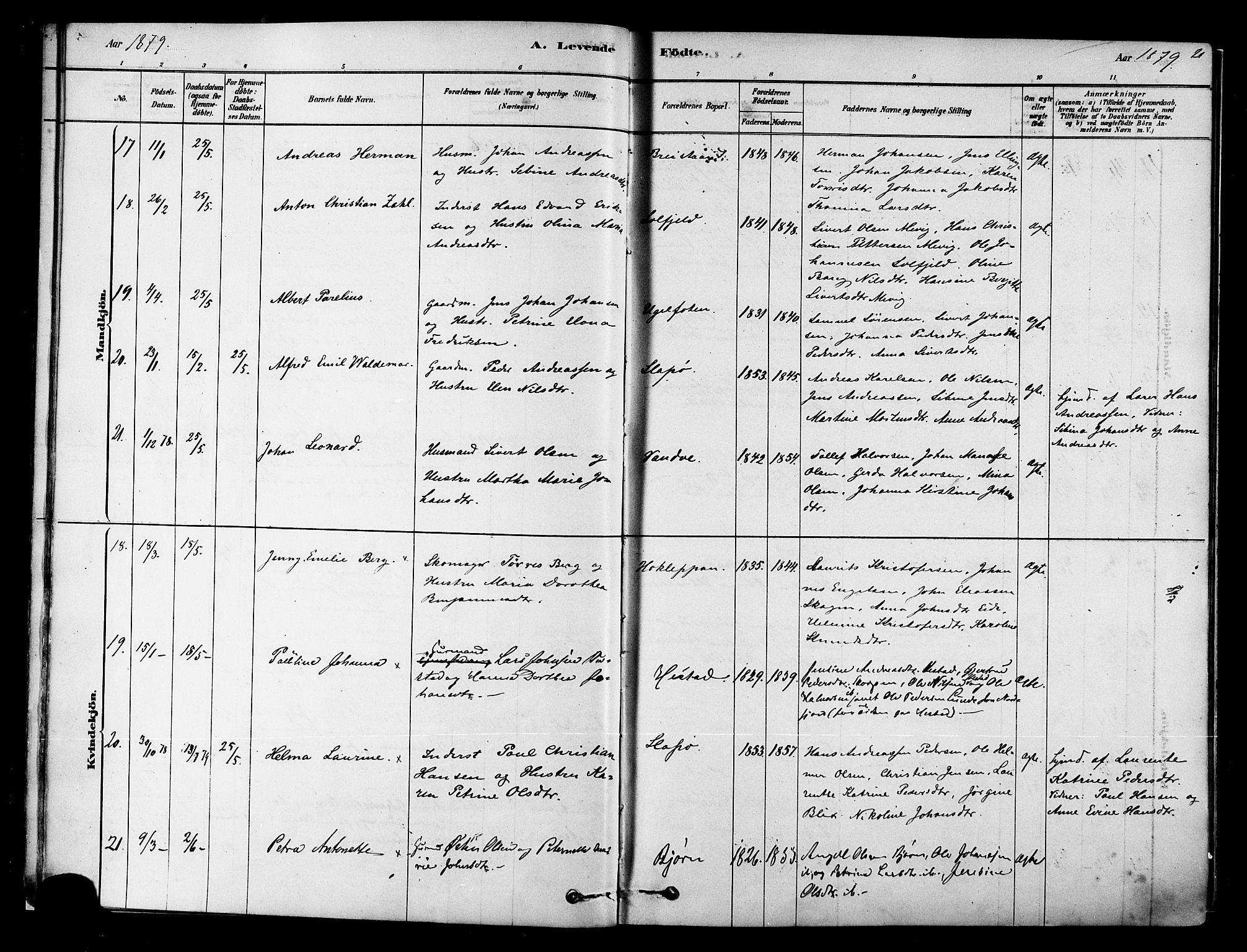 Ministerialprotokoller, klokkerbøker og fødselsregistre - Nordland, AV/SAT-A-1459/834/L0507: Parish register (official) no. 834A05, 1878-1892, p. 21