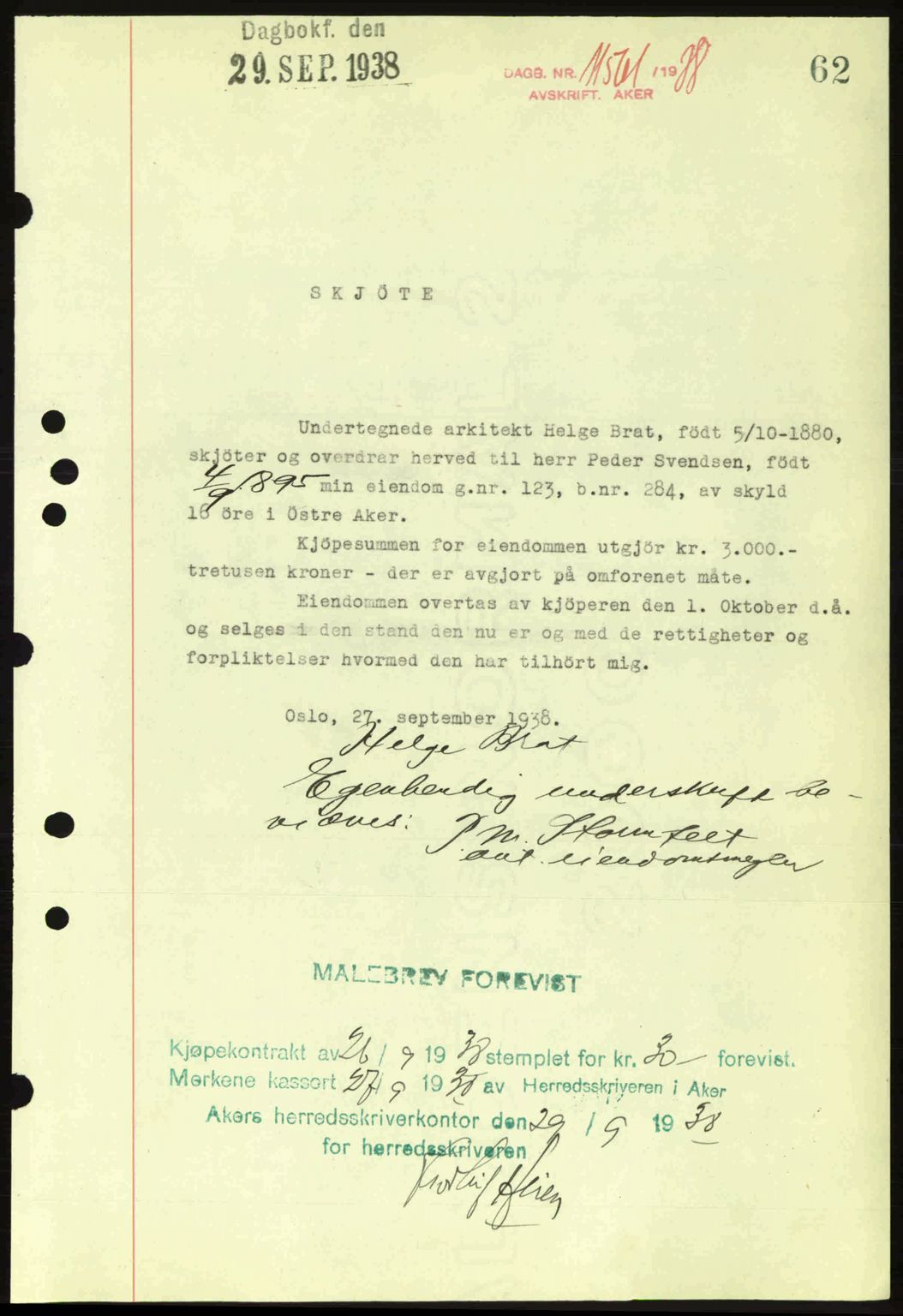 Aker herredsskriveri, SAO/A-10896/G/Gb/Gba/Gbab/L0025: Mortgage book no. A154-155, 1938-1938, Diary no: : 11561/1938