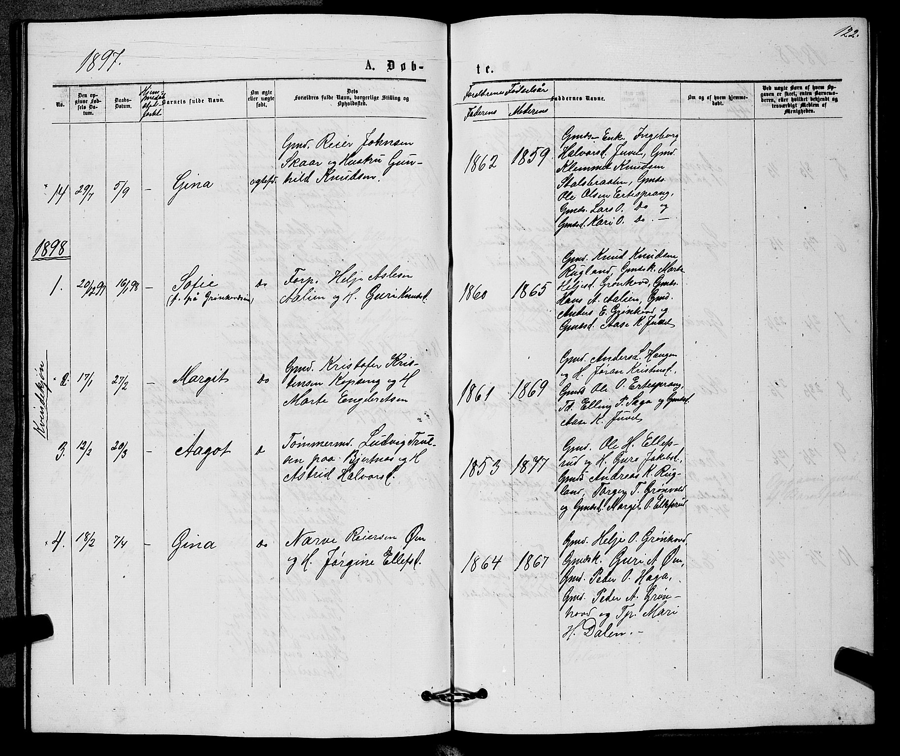 Sigdal kirkebøker, AV/SAKO-A-245/G/Gb/L0002: Parish register (copy) no. II 2, 1875-1900, p. 122