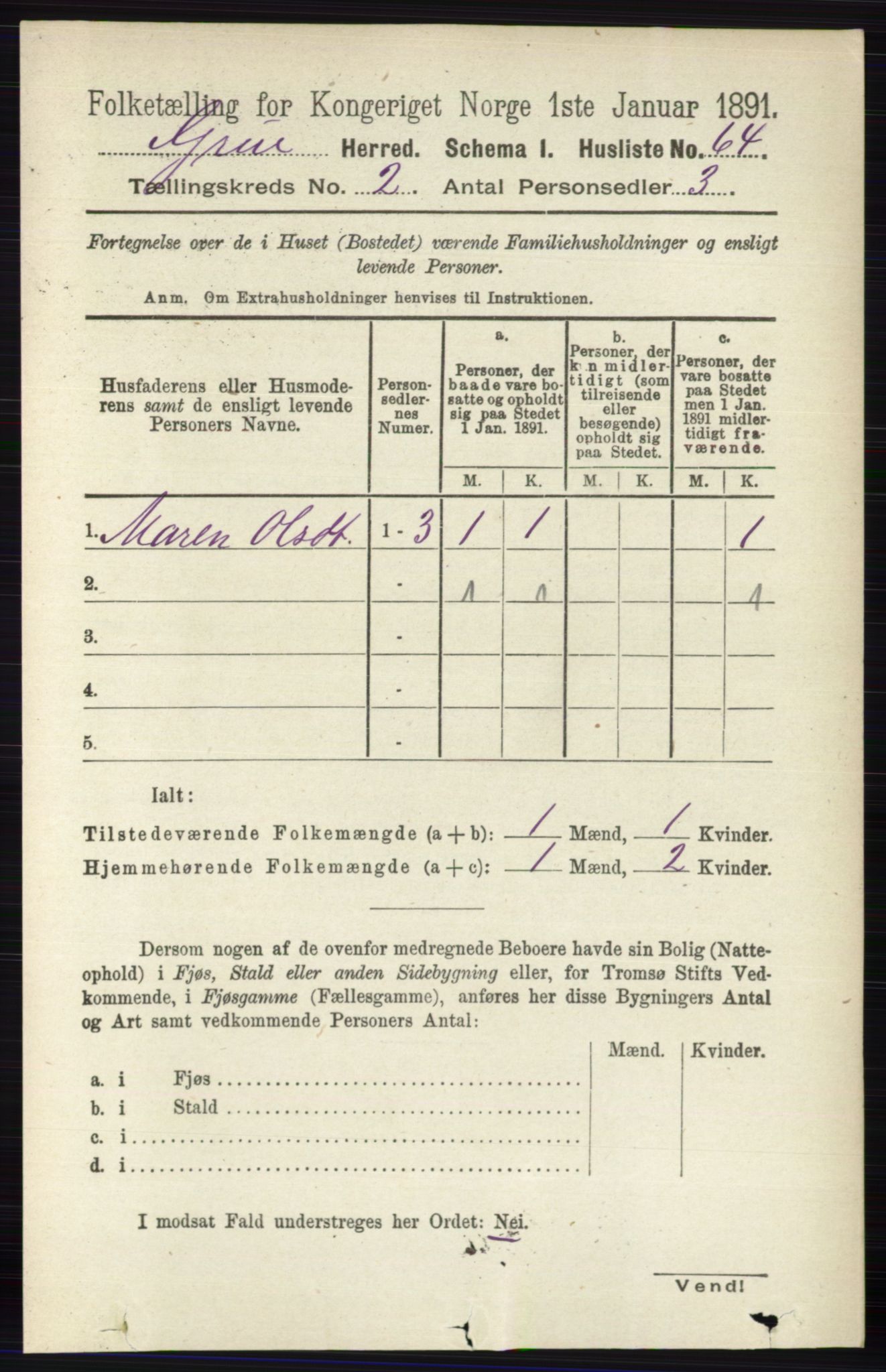 RA, 1891 census for 0423 Grue, 1891, p. 1068