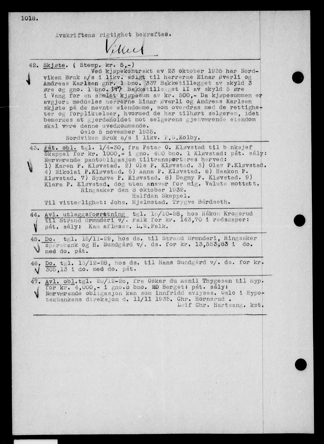 Nord-Hedmark sorenskriveri, SAH/TING-012/H/Hb/Hbc/L0047: Mortgage book no. 47, 1934-1935, p. 1018