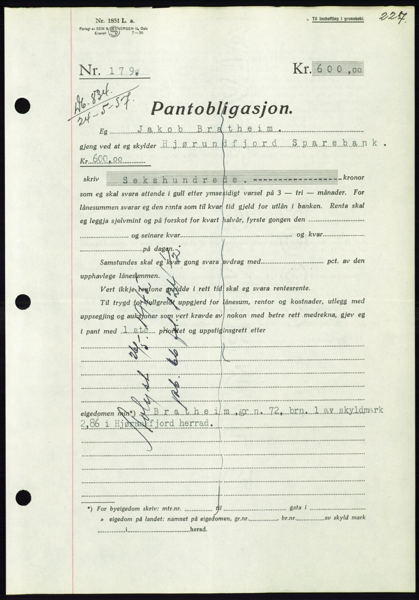 Søre Sunnmøre sorenskriveri, AV/SAT-A-4122/1/2/2C/L0063: Mortgage book no. 57, 1937-1937, Diary no: : 835/1937