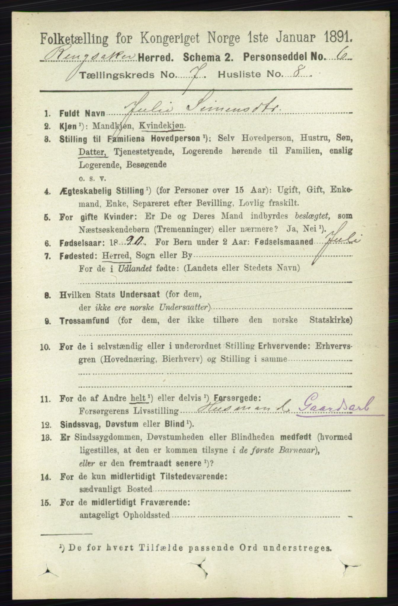 RA, 1891 census for 0412 Ringsaker, 1891, p. 3928