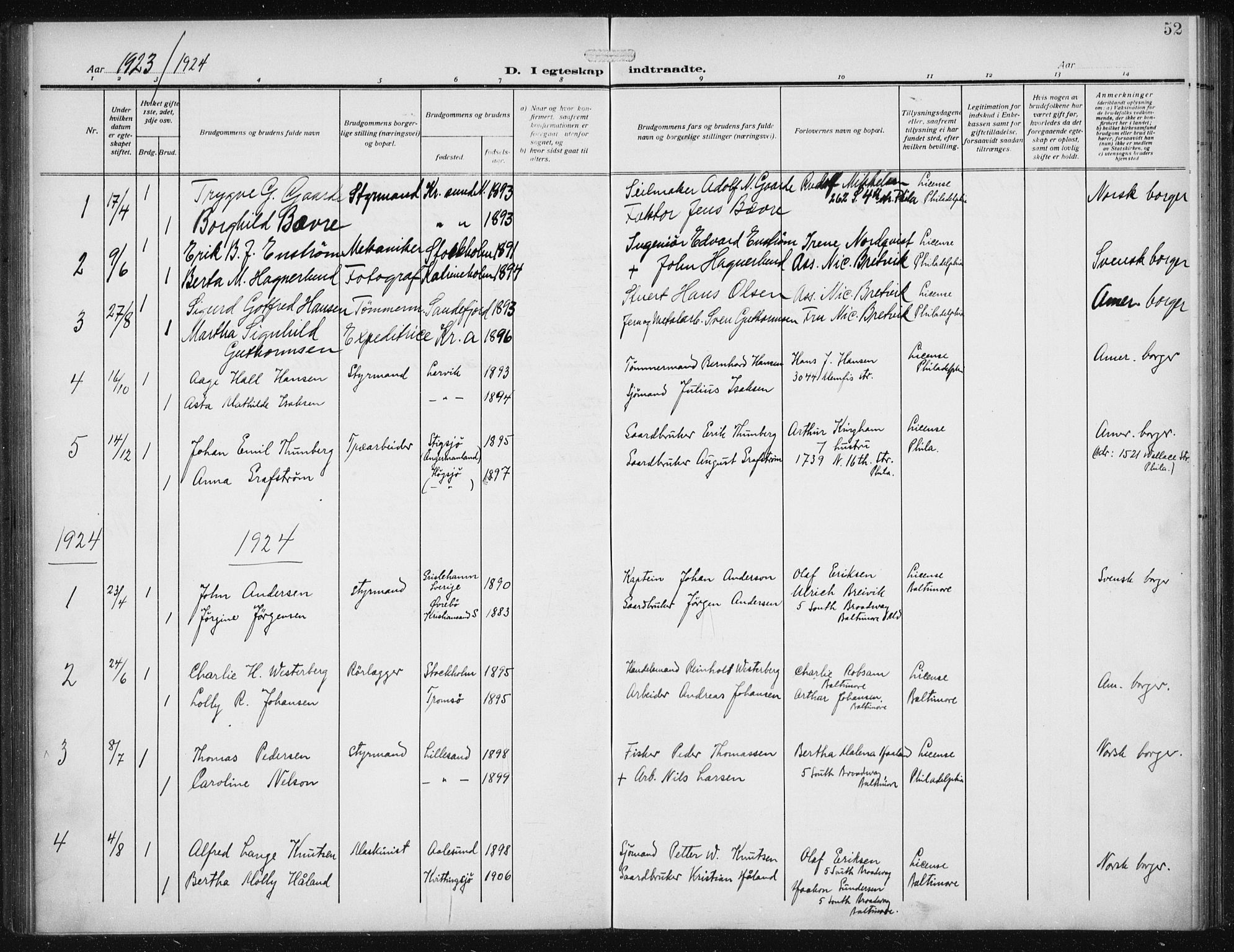 Den norske sjømannsmisjon i utlandet/Philadelphia, AV/SAB-SAB/PA-0113/H/Ha/L0001: Parish register (official) no. A 1, 1912-1931, p. 52