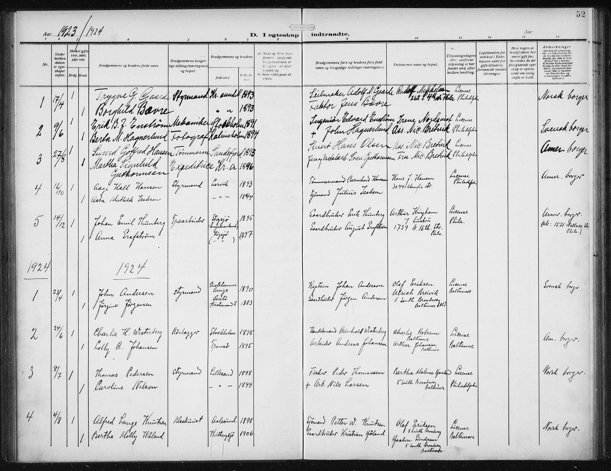 Den norske sjømannsmisjon i utlandet/Philadelphia, SAB/SAB/PA-0113/H/Ha/L0001: Parish register (official) no. A 1, 1912-1931, p. 52