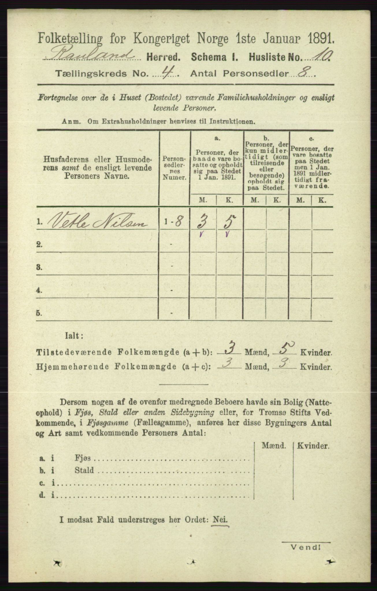 RA, 1891 census for 0835 Rauland, 1891, p. 996