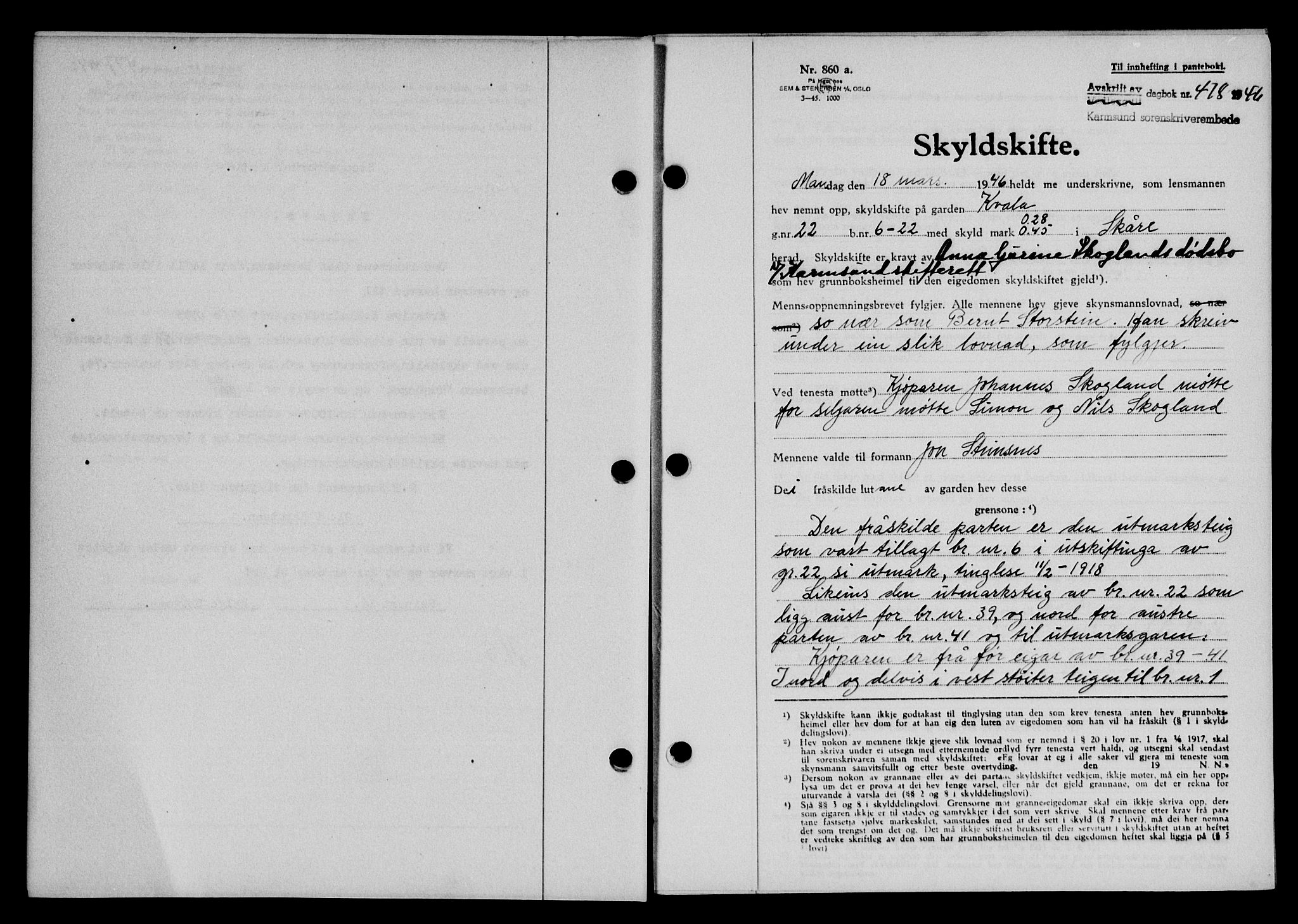 Karmsund sorenskriveri, AV/SAST-A-100311/01/II/IIB/L0085: Mortgage book no. 66A, 1946-1946, Diary no: : 478/1946