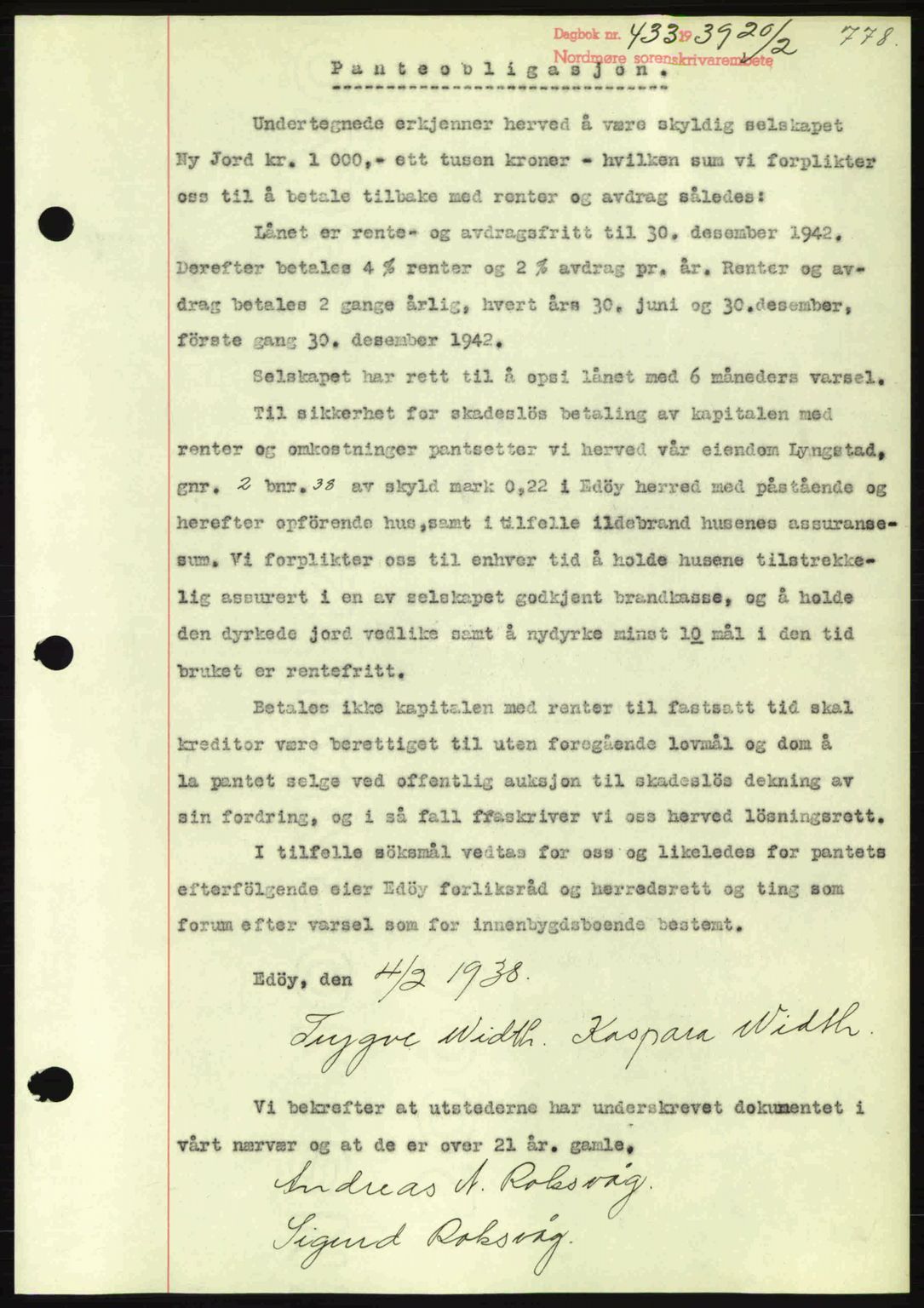 Nordmøre sorenskriveri, SAT/A-4132/1/2/2Ca: Mortgage book no. B84, 1938-1939, Diary no: : 433/1939