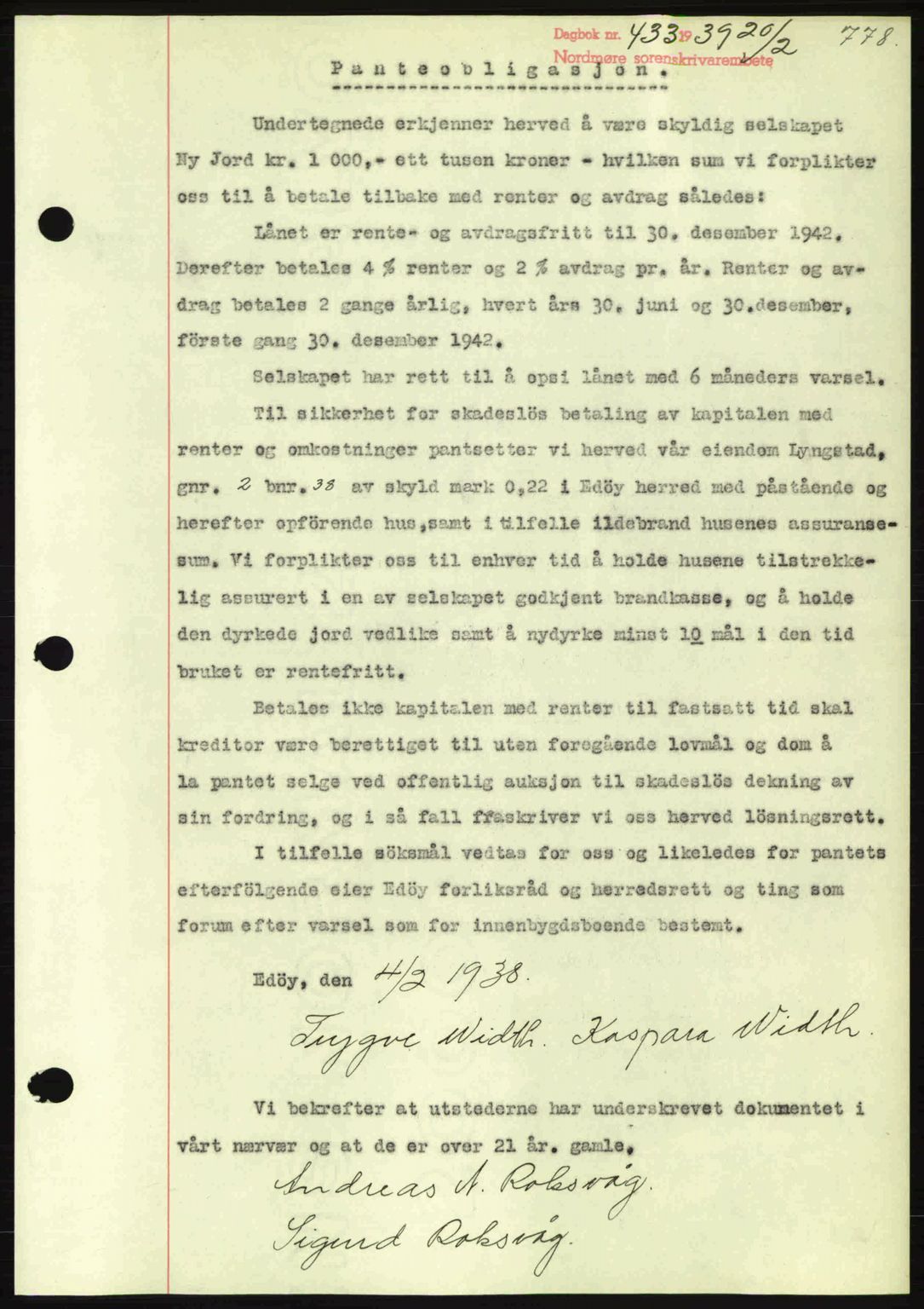 Nordmøre sorenskriveri, AV/SAT-A-4132/1/2/2Ca: Mortgage book no. B84, 1938-1939, Diary no: : 433/1939