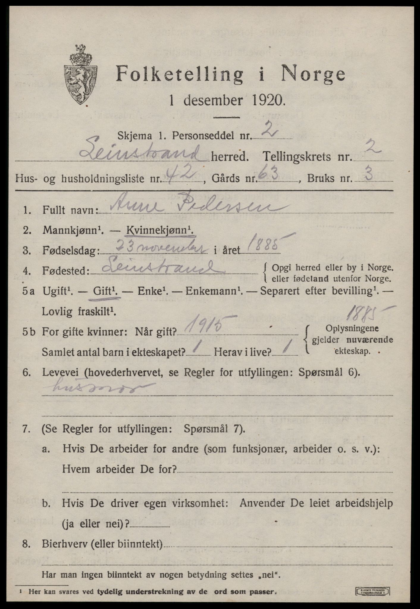 SAT, 1920 census for Leinstrand, 1920, p. 2105