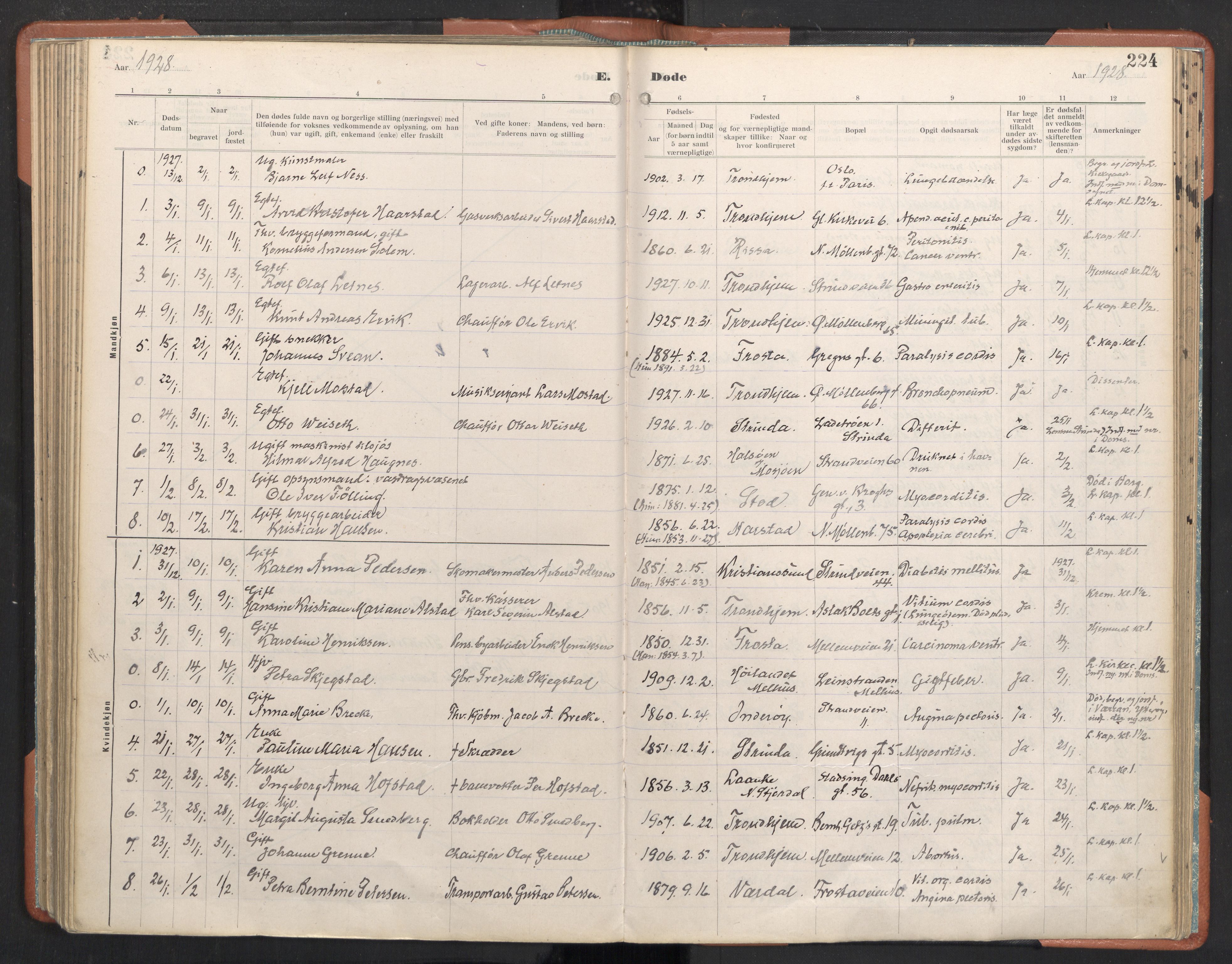 Ministerialprotokoller, klokkerbøker og fødselsregistre - Sør-Trøndelag, SAT/A-1456/605/L0245: Parish register (official) no. 605A07, 1916-1938, p. 224