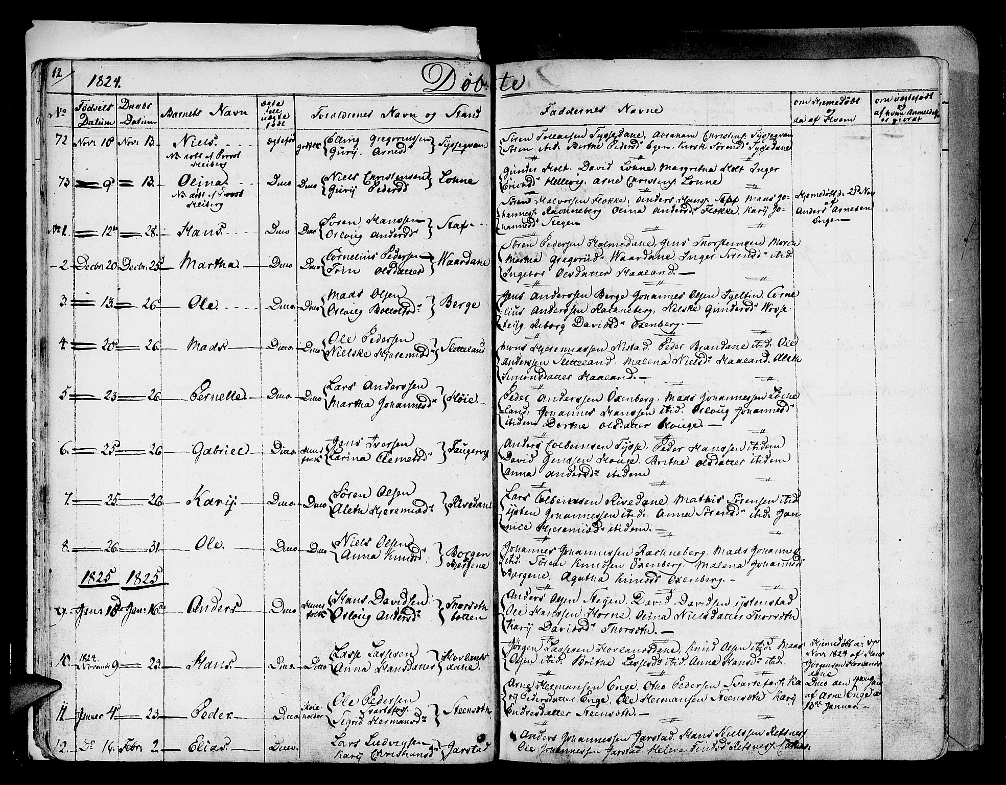 Fjaler sokneprestembete, SAB/A-79801/H/Haa/Haaa/L0005: Parish register (official) no. A 5, 1821-1835, p. 12