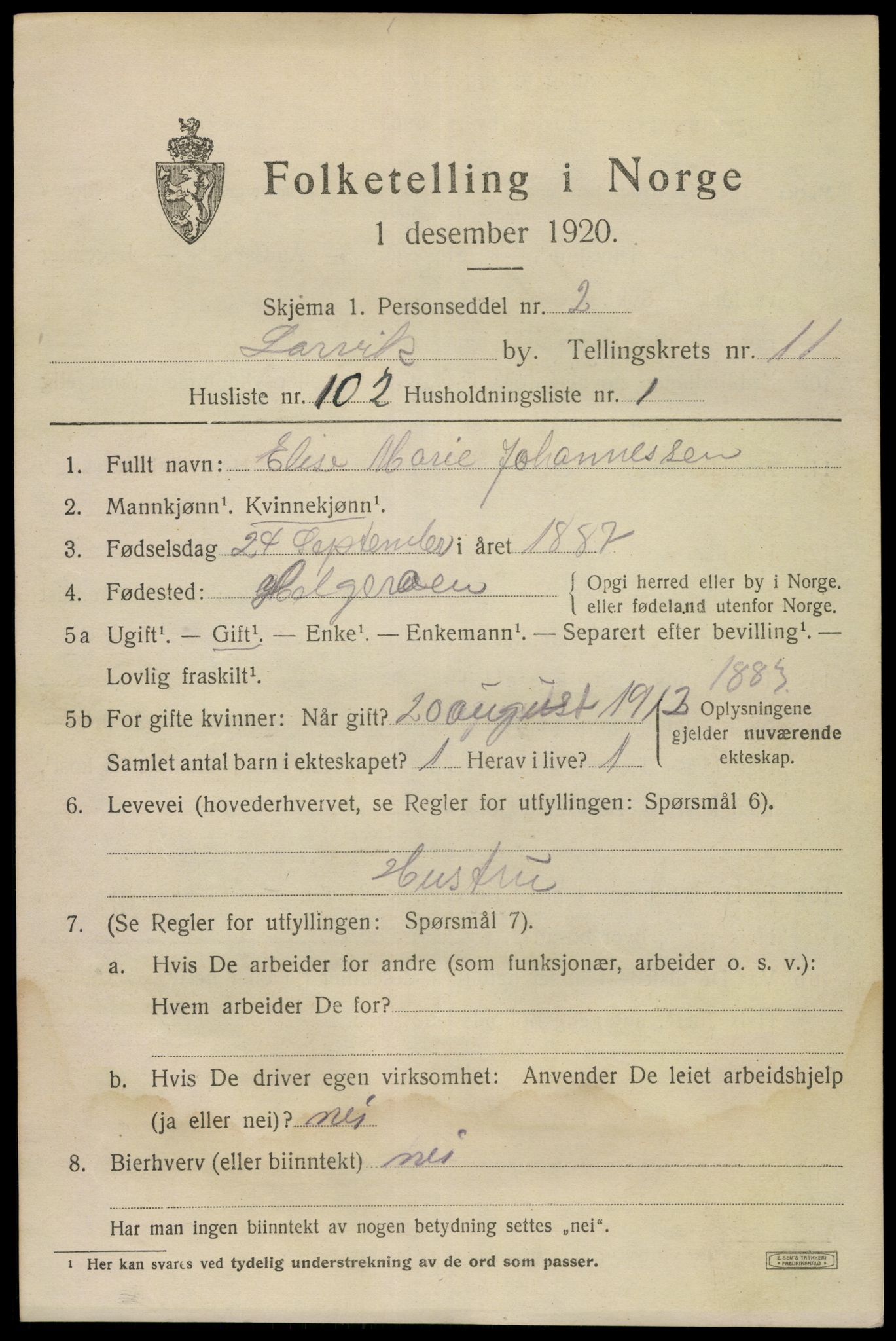 SAKO, 1920 census for Larvik, 1920, p. 30426