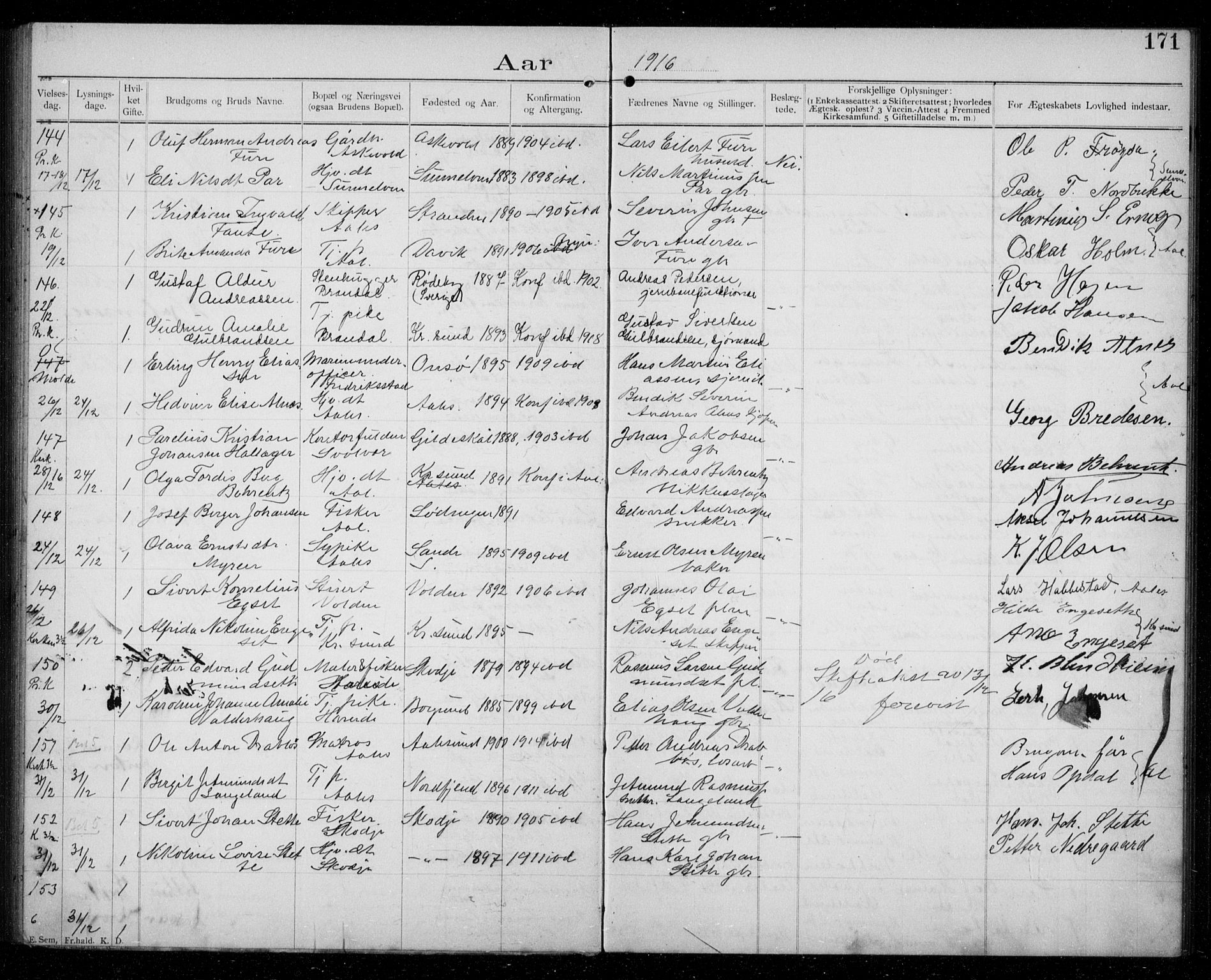 Ministerialprotokoller, klokkerbøker og fødselsregistre - Møre og Romsdal, AV/SAT-A-1454/529/L0458: Banns register no. 529A08, 1901-1918, p. 171