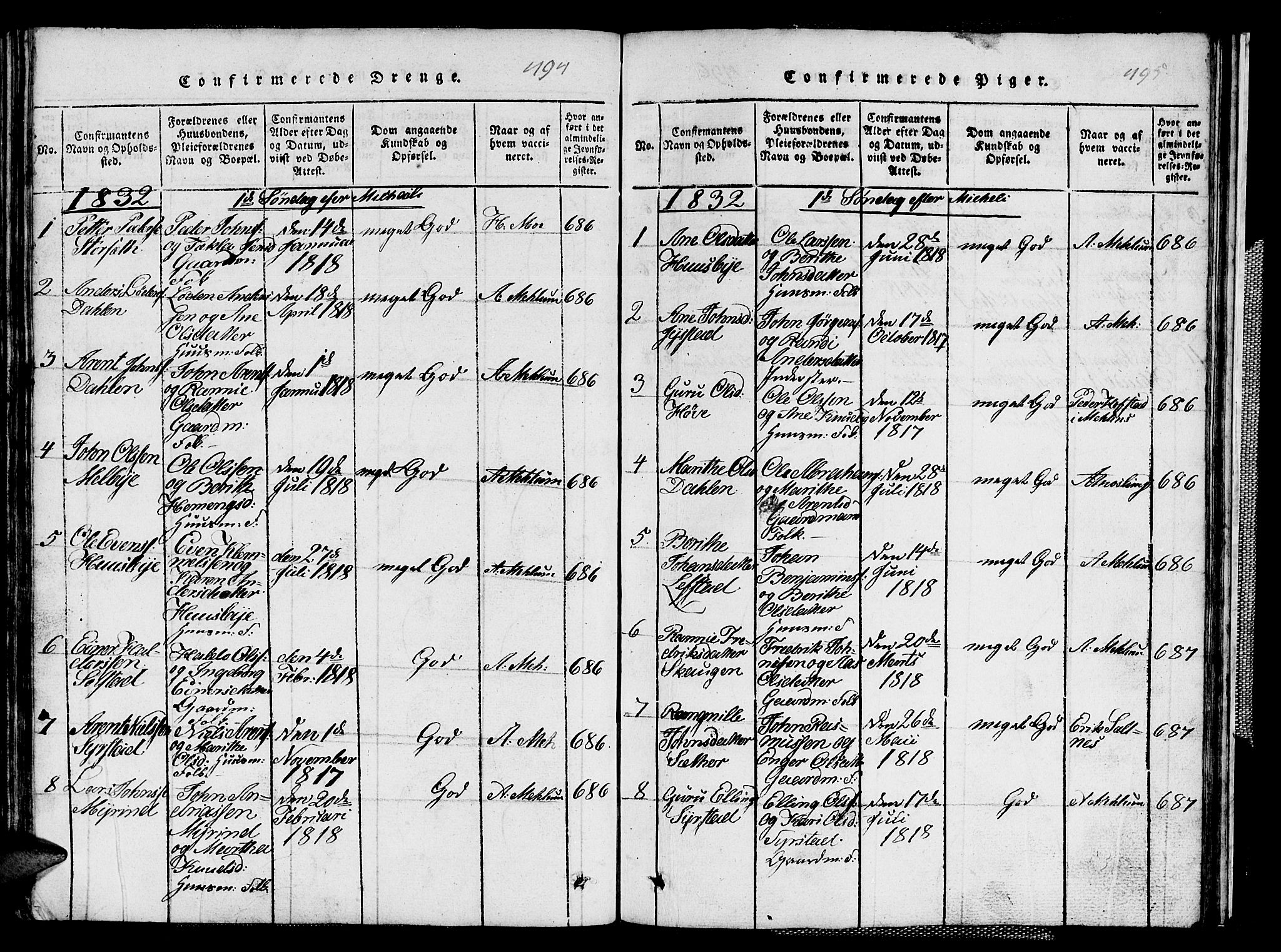 Ministerialprotokoller, klokkerbøker og fødselsregistre - Sør-Trøndelag, SAT/A-1456/667/L0796: Parish register (copy) no. 667C01, 1817-1836, p. 494-495