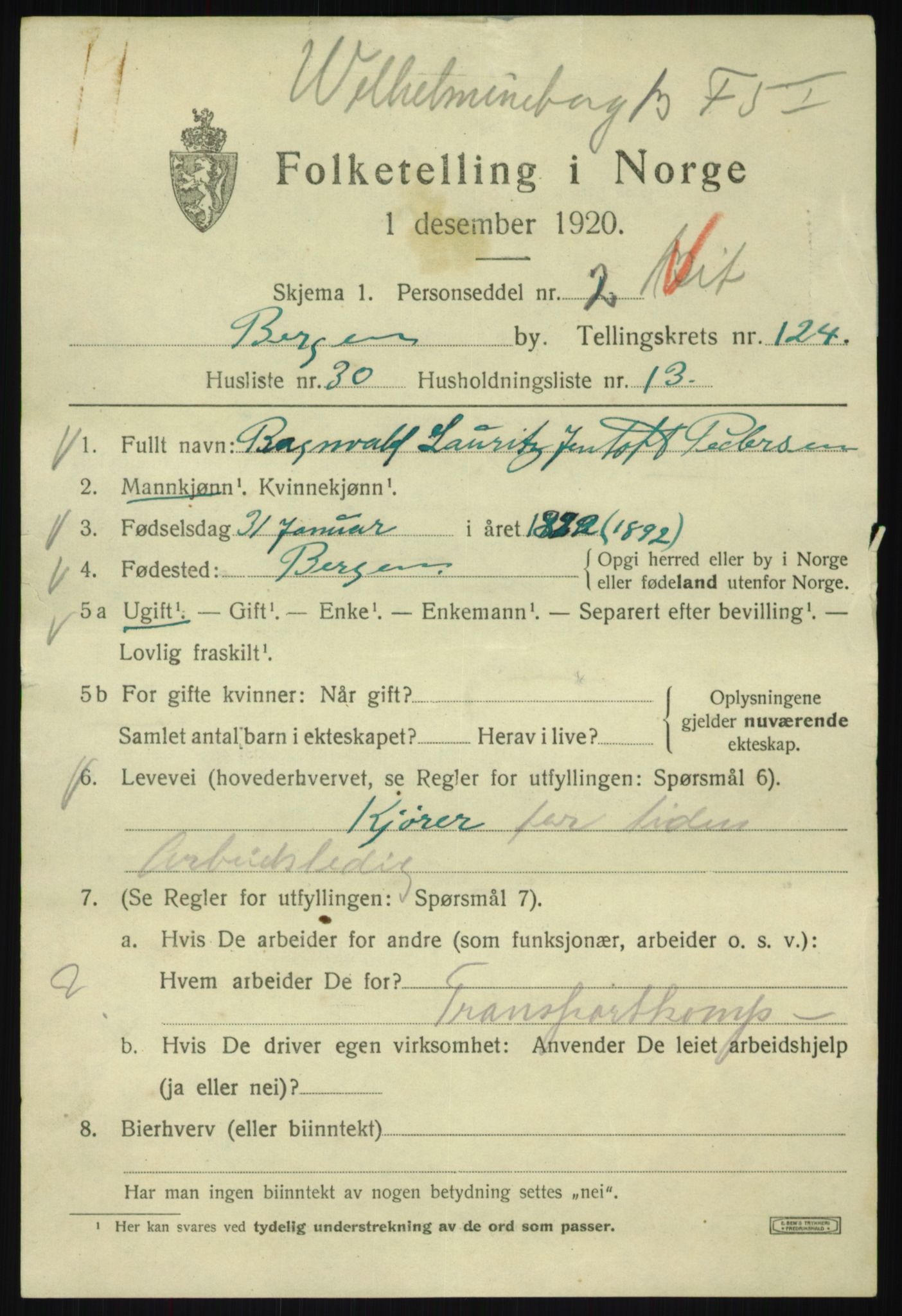 SAB, 1920 census for Bergen, 1920, p. 211064