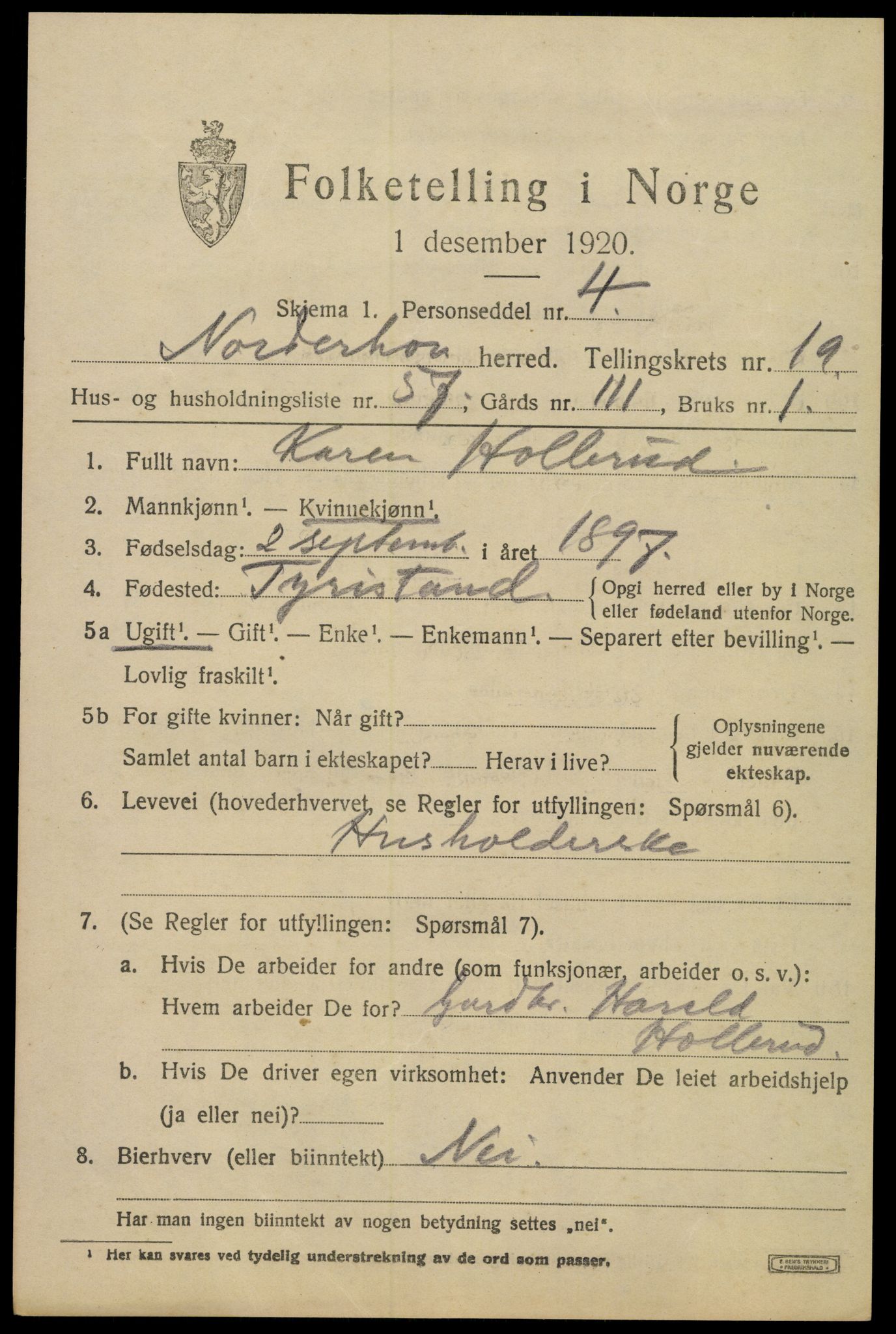 SAKO, 1920 census for Norderhov, 1920, p. 20972