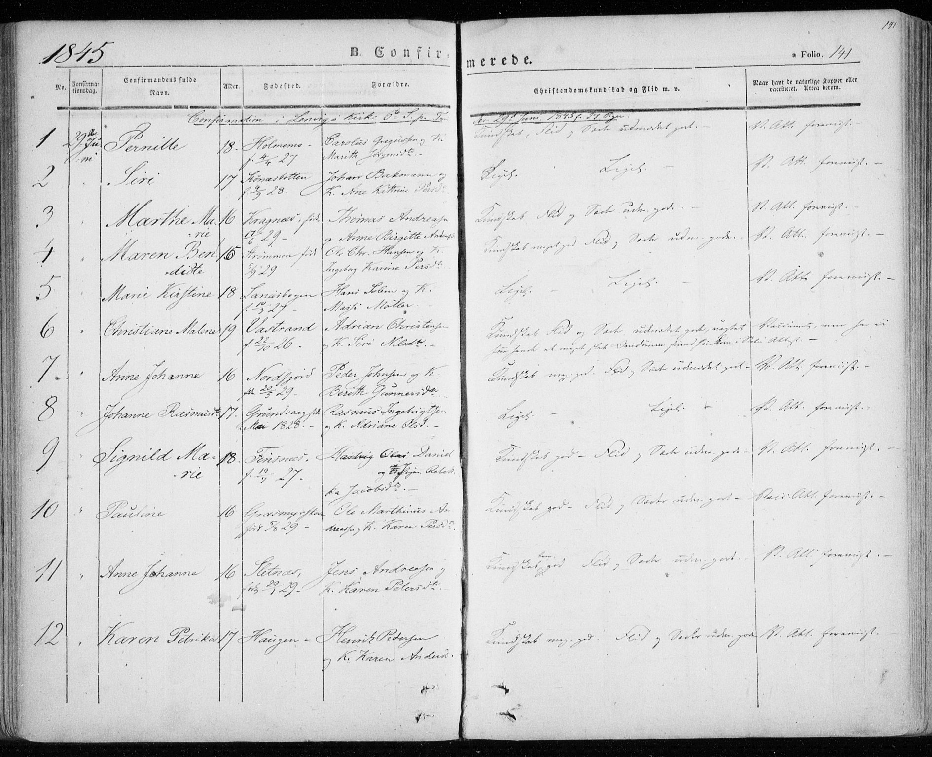 Lenvik sokneprestembete, AV/SATØ-S-1310/H/Ha/Haa/L0006kirke: Parish register (official) no. 6, 1845-1854, p. 141