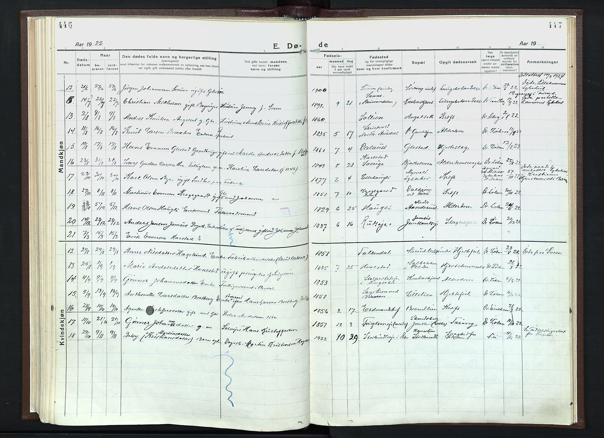 Veldre prestekontor, SAH/PREST-018/K/Ka/L0001: Parish register (official) no. 1, 1921-1934, p. 446-447