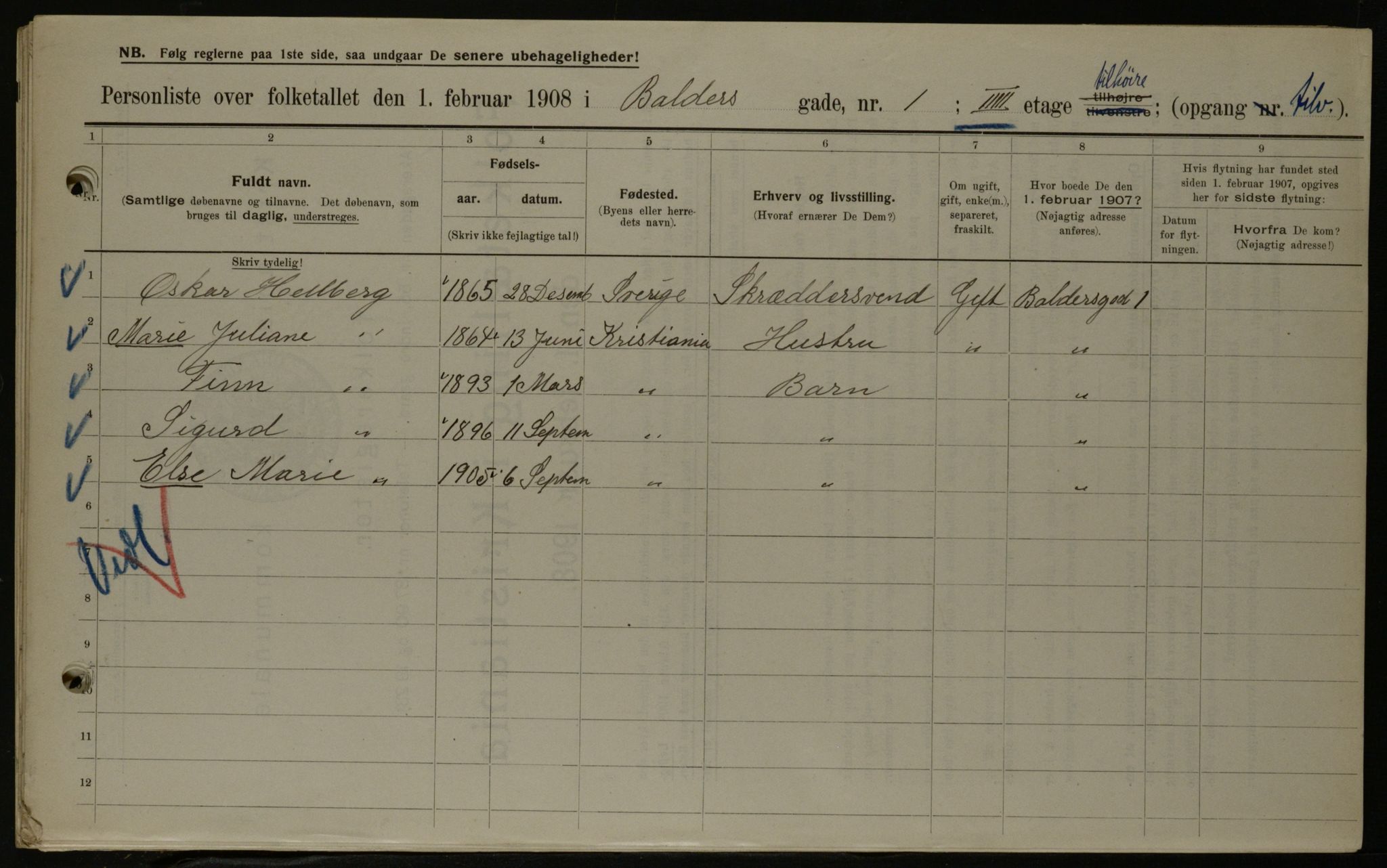 OBA, Municipal Census 1908 for Kristiania, 1908, p. 3062