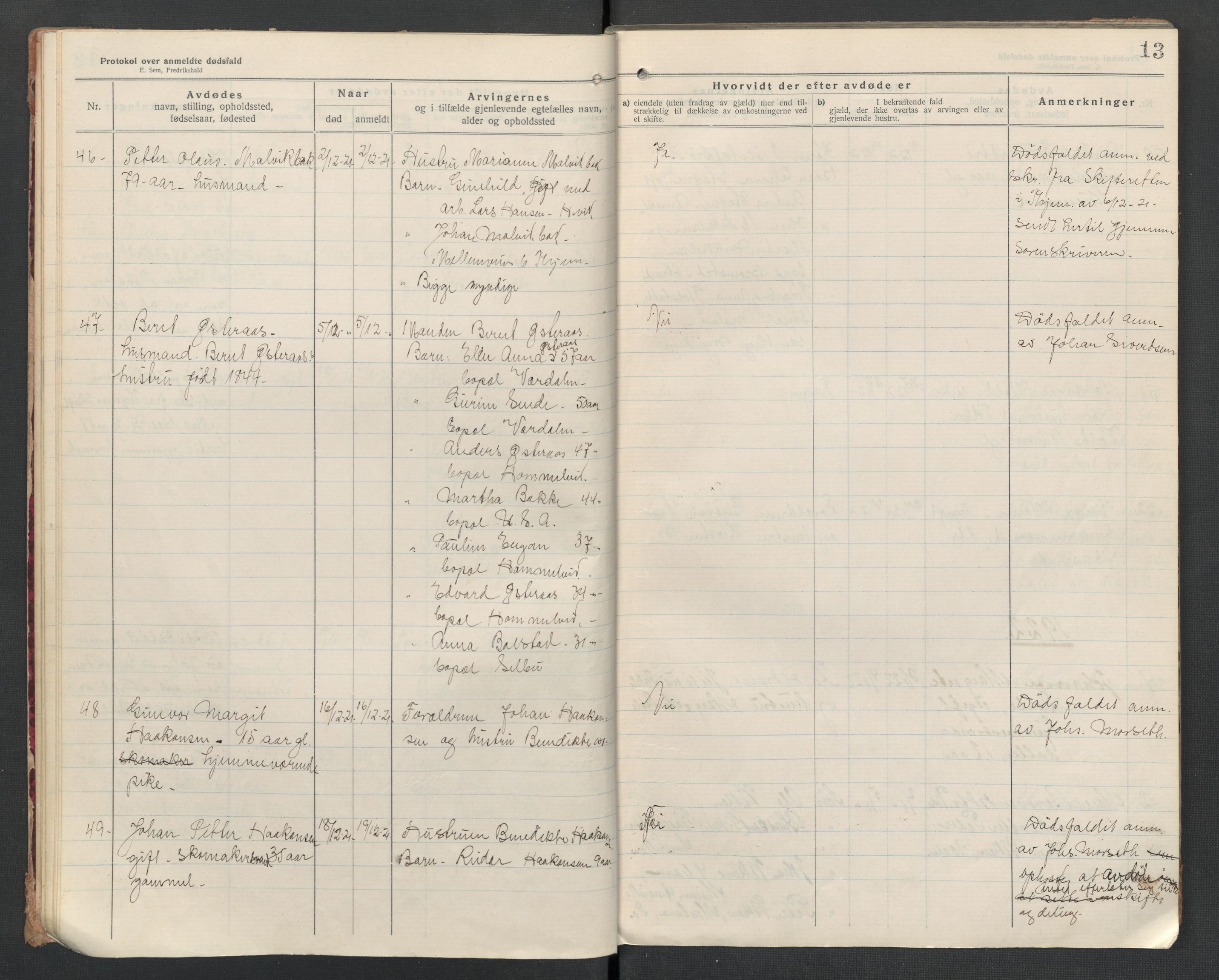 Malvik lensmannskontor, AV/SAT-A-1061/2/02/L0043: Dødsfallsprotokoll, 1920-1932, p. 13