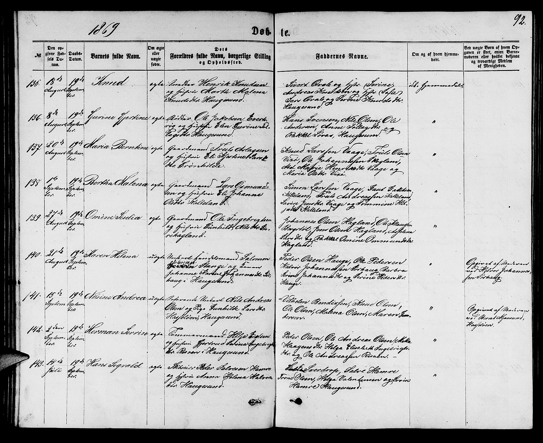 Torvastad sokneprestkontor, SAST/A -101857/H/Ha/Hab/L0007: Parish register (copy) no. B 7, 1866-1873, p. 92