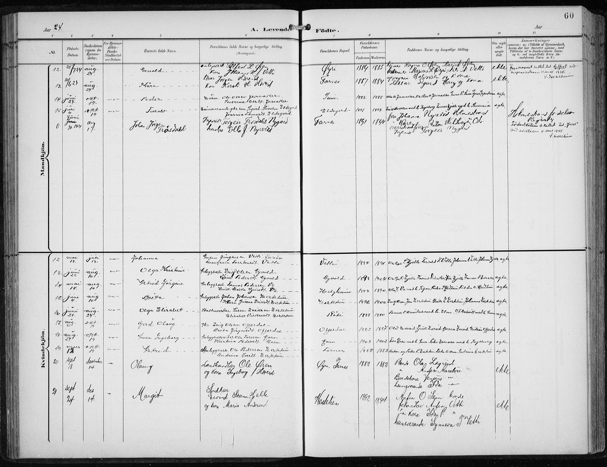 Årdal sokneprestembete, AV/SAB-A-81701: Parish register (copy) no. A 2, 1899-1939, p. 60