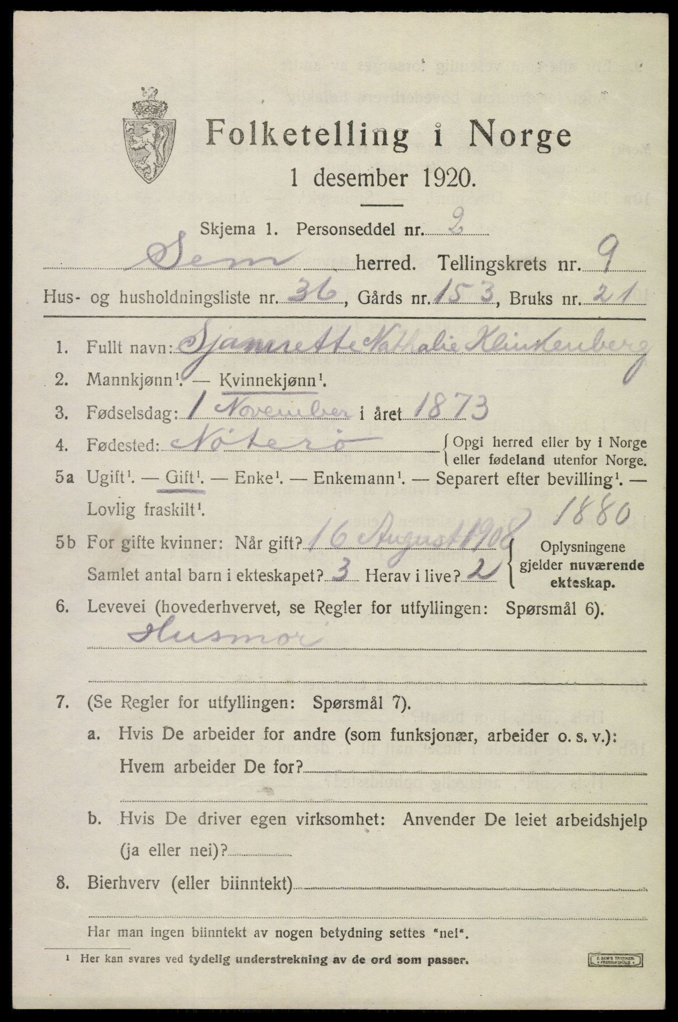 SAKO, 1920 census for Sem, 1920, p. 12953