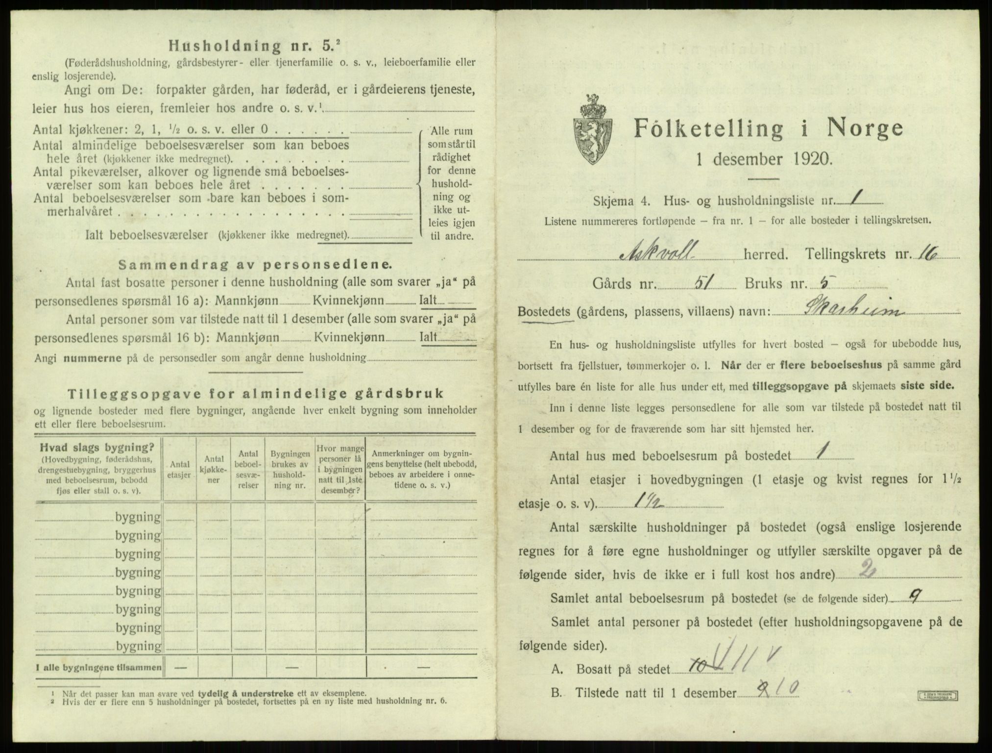 SAB, 1920 census for Askvoll, 1920, p. 835