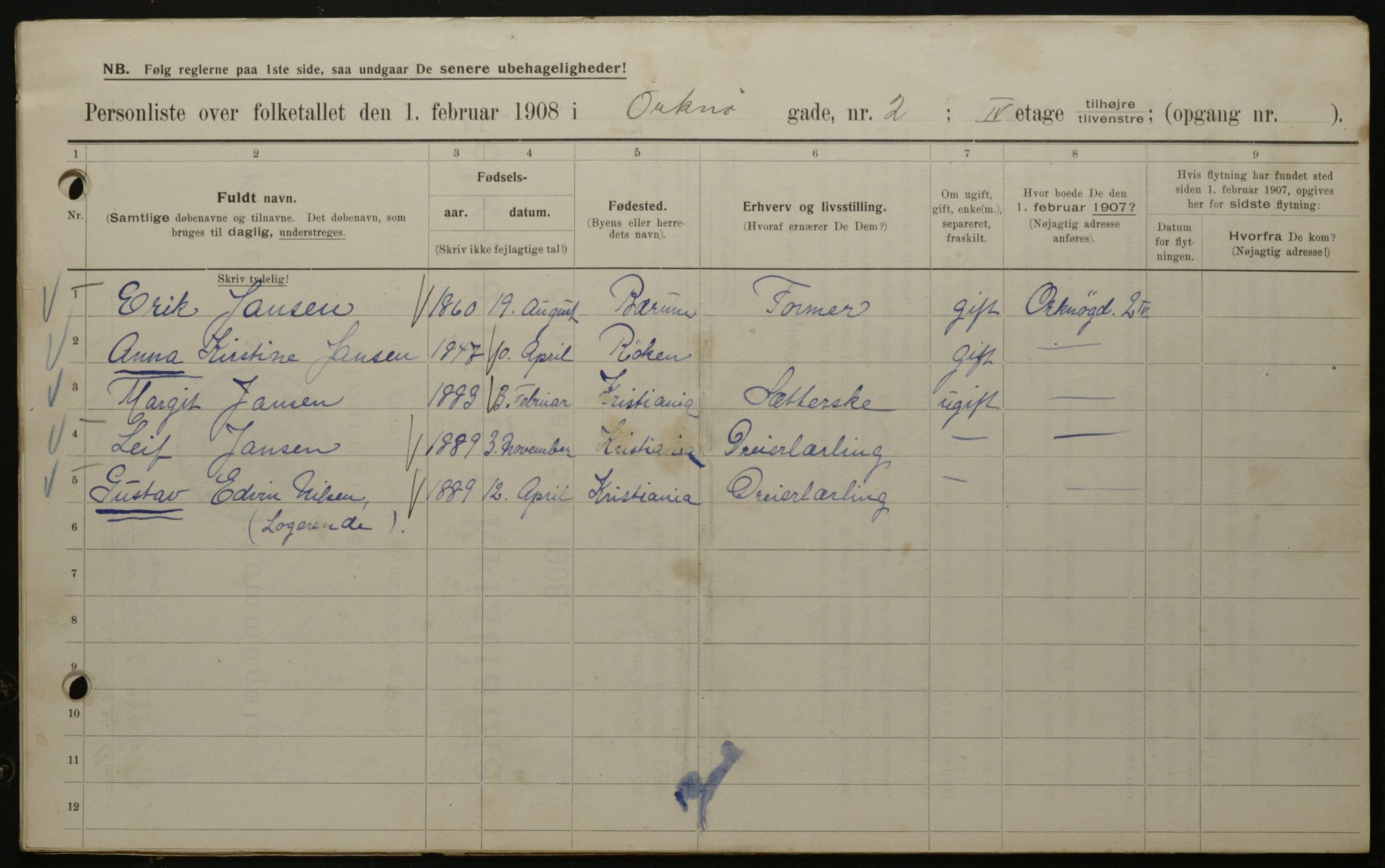 OBA, Municipal Census 1908 for Kristiania, 1908, p. 68024