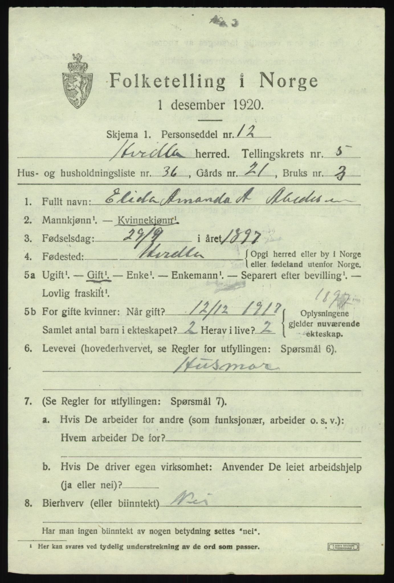 SAB, 1920 census for Herdla, 1920, p. 4353