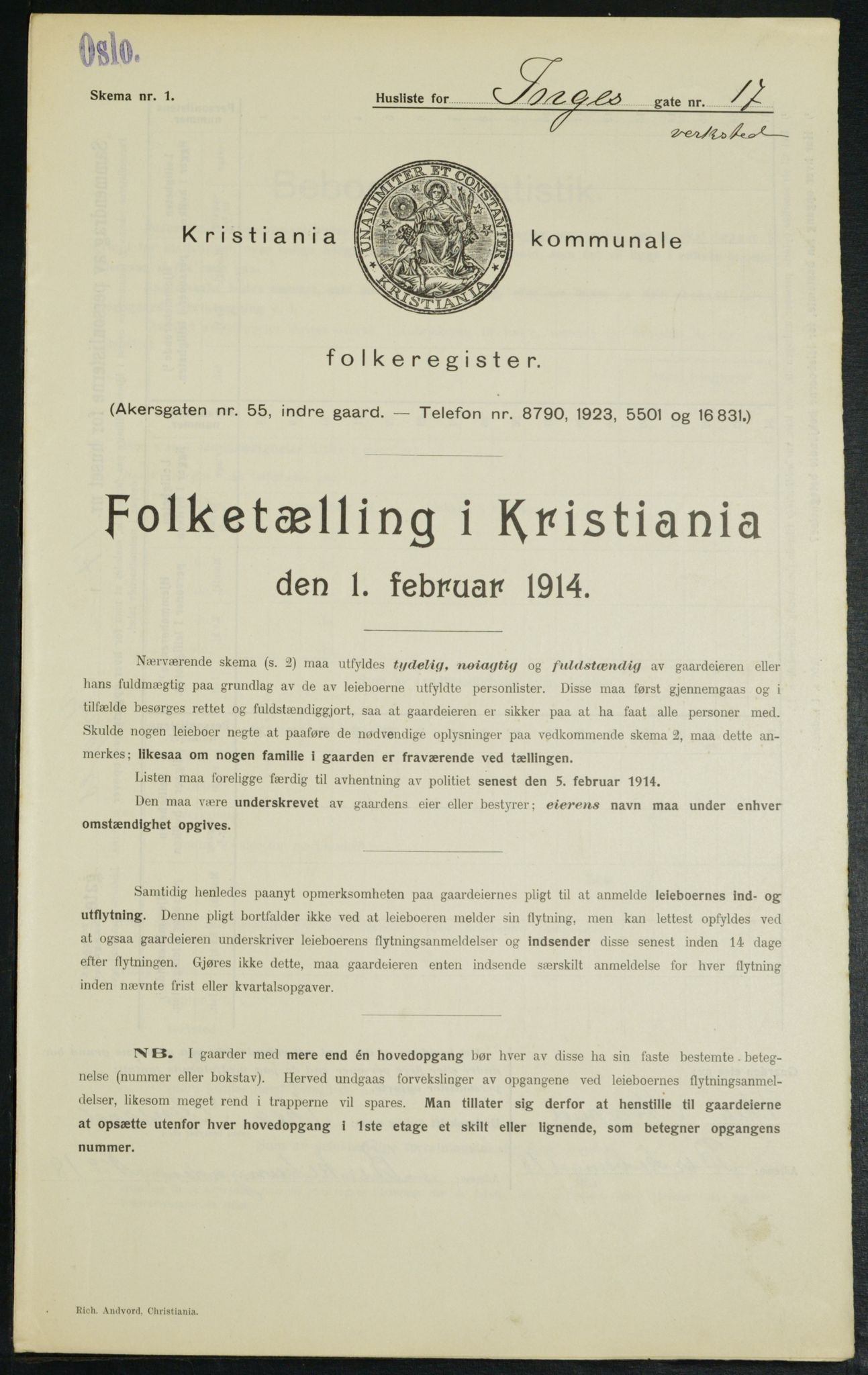 OBA, Municipal Census 1914 for Kristiania, 1914, p. 44000