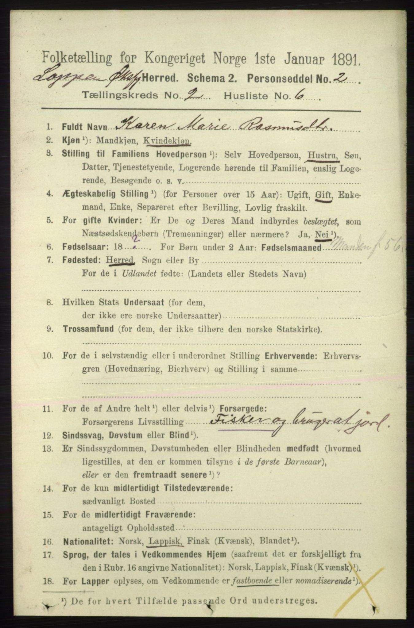 RA, 1891 census for 2014 Loppa, 1891, p. 396