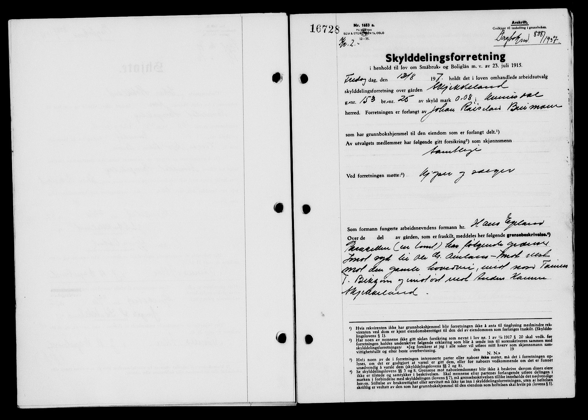Flekkefjord sorenskriveri, SAK/1221-0001/G/Gb/Gba/L0054: Mortgage book no. A-2, 1937-1938, Diary no: : 808/1937
