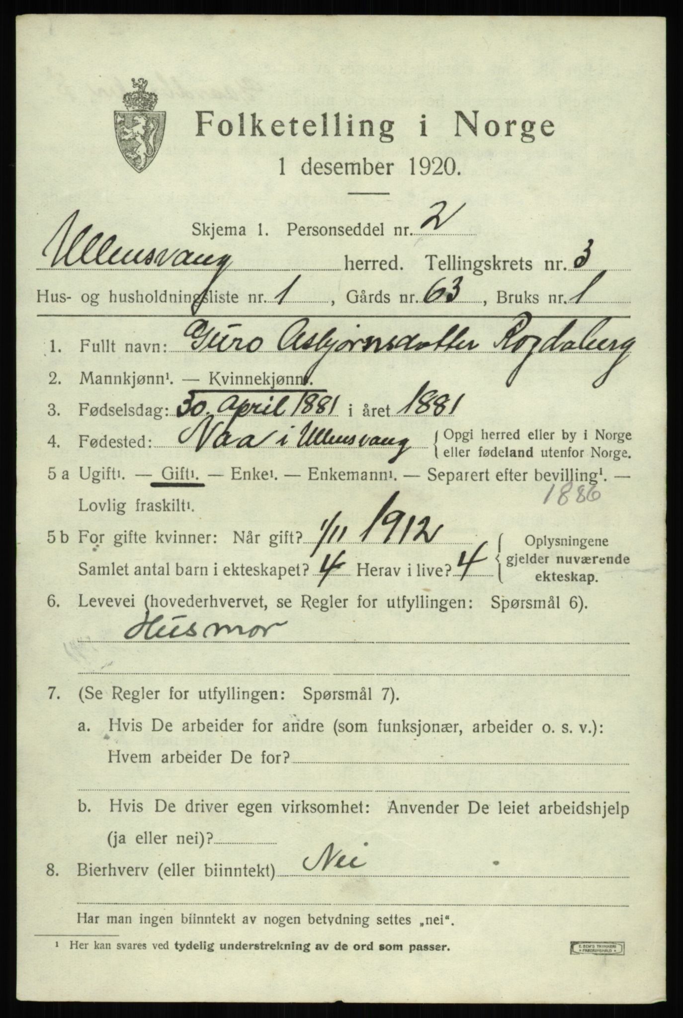 SAB, 1920 census for Ullensvang, 1920, p. 1720