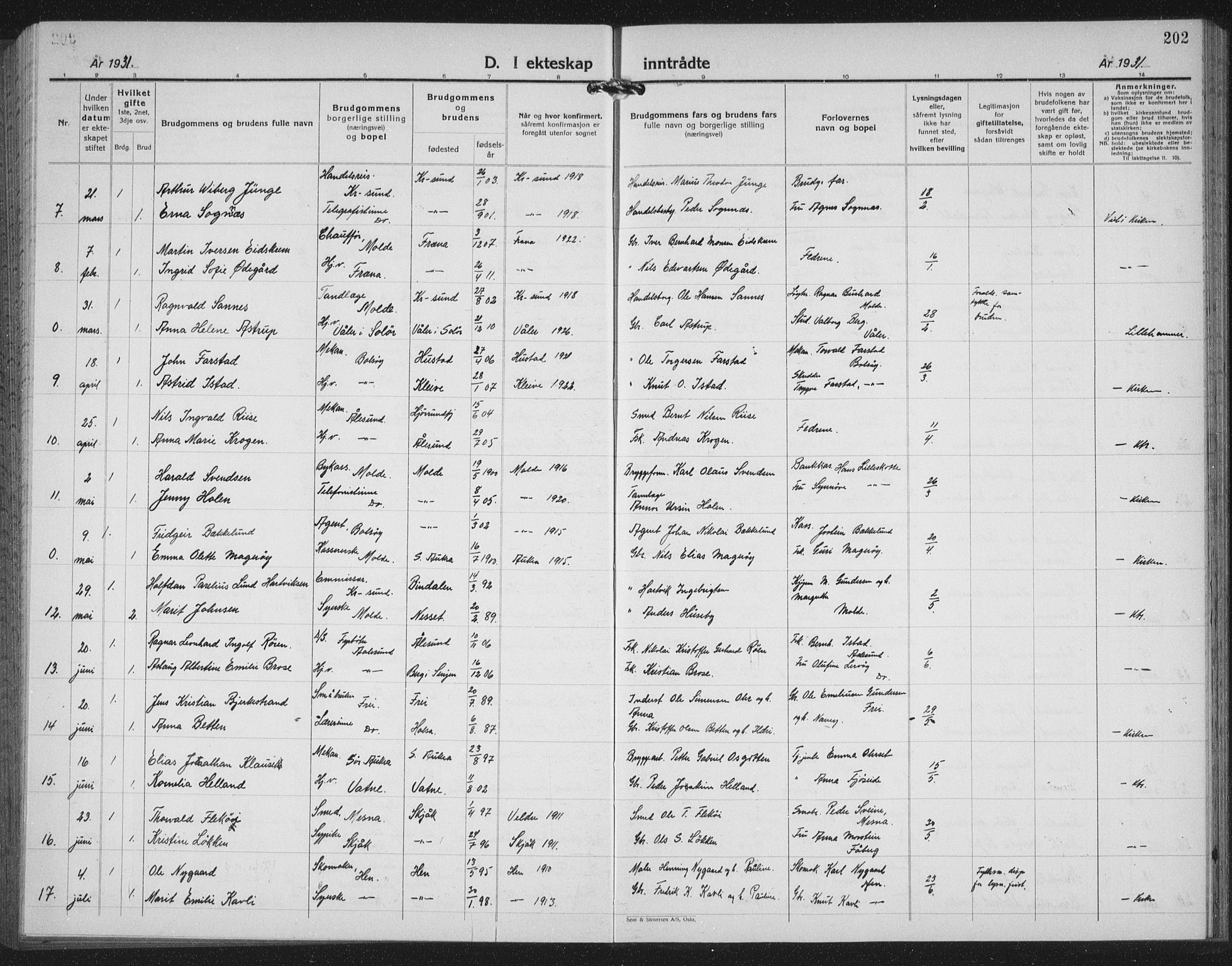 Ministerialprotokoller, klokkerbøker og fødselsregistre - Møre og Romsdal, SAT/A-1454/558/L0704: Parish register (copy) no. 558C05, 1921-1942, p. 202