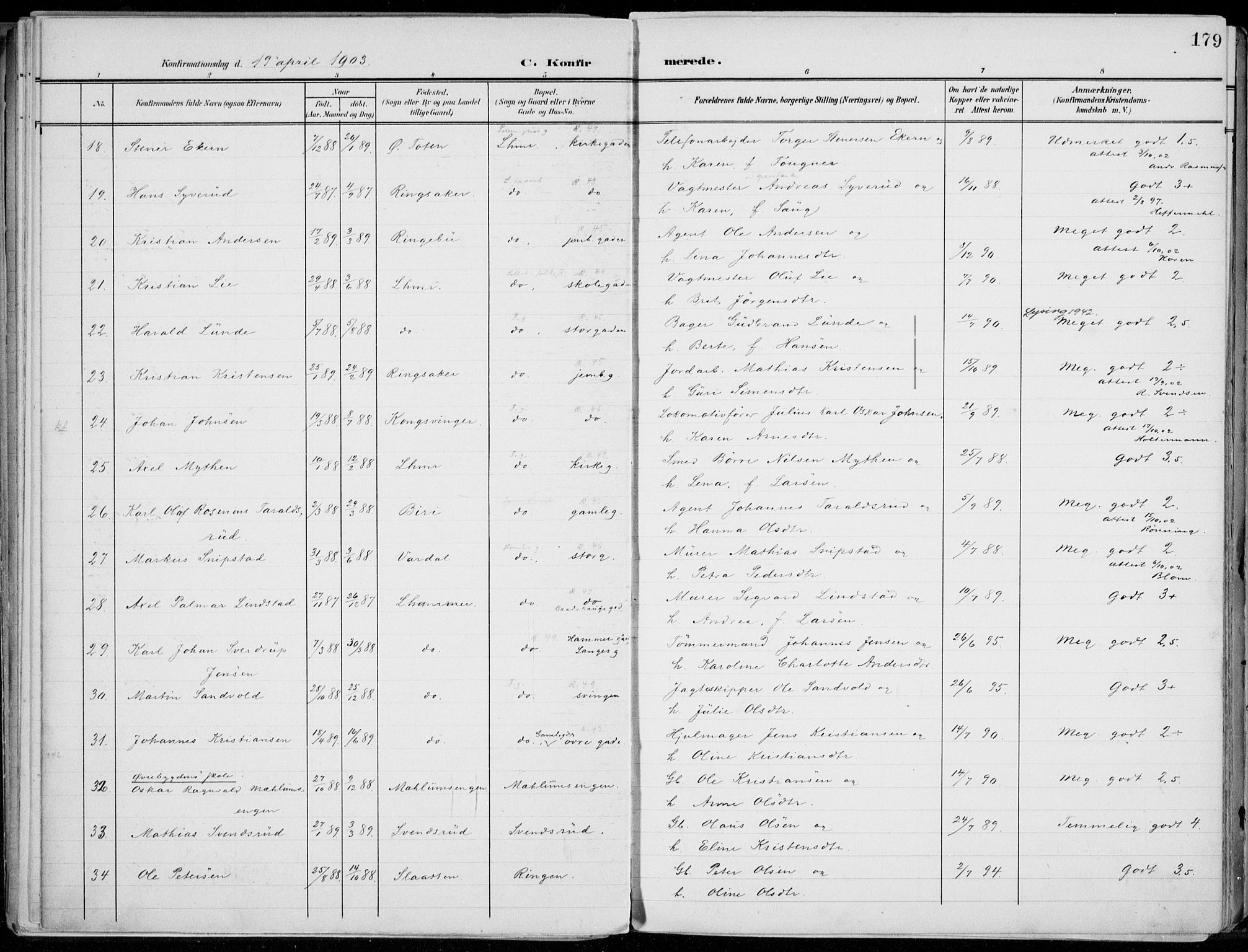 Lillehammer prestekontor, SAH/PREST-088/H/Ha/Haa/L0001: Parish register (official) no. 1, 1901-1916, p. 179
