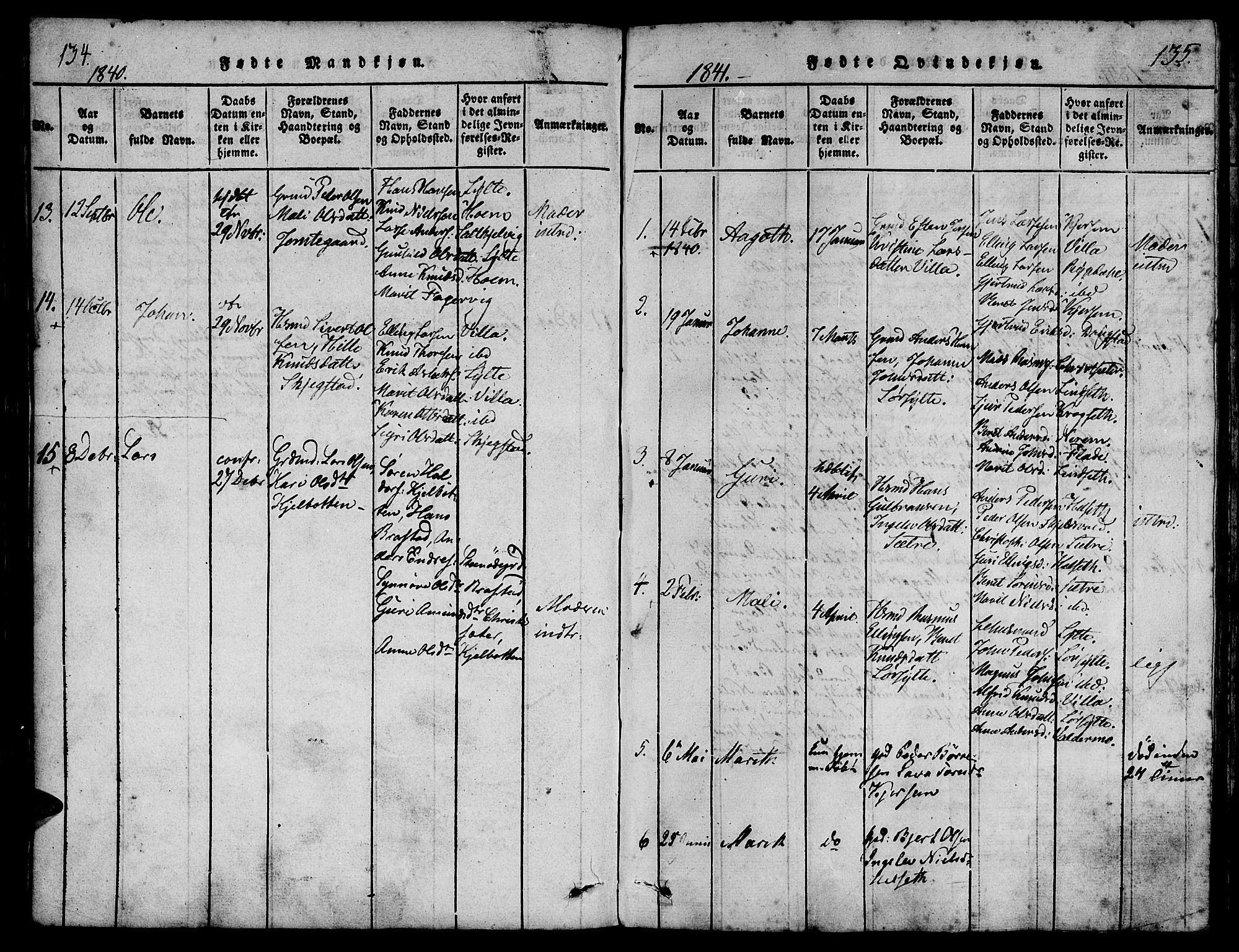 Ministerialprotokoller, klokkerbøker og fødselsregistre - Møre og Romsdal, AV/SAT-A-1454/541/L0544: Parish register (official) no. 541A01, 1818-1847, p. 134-135